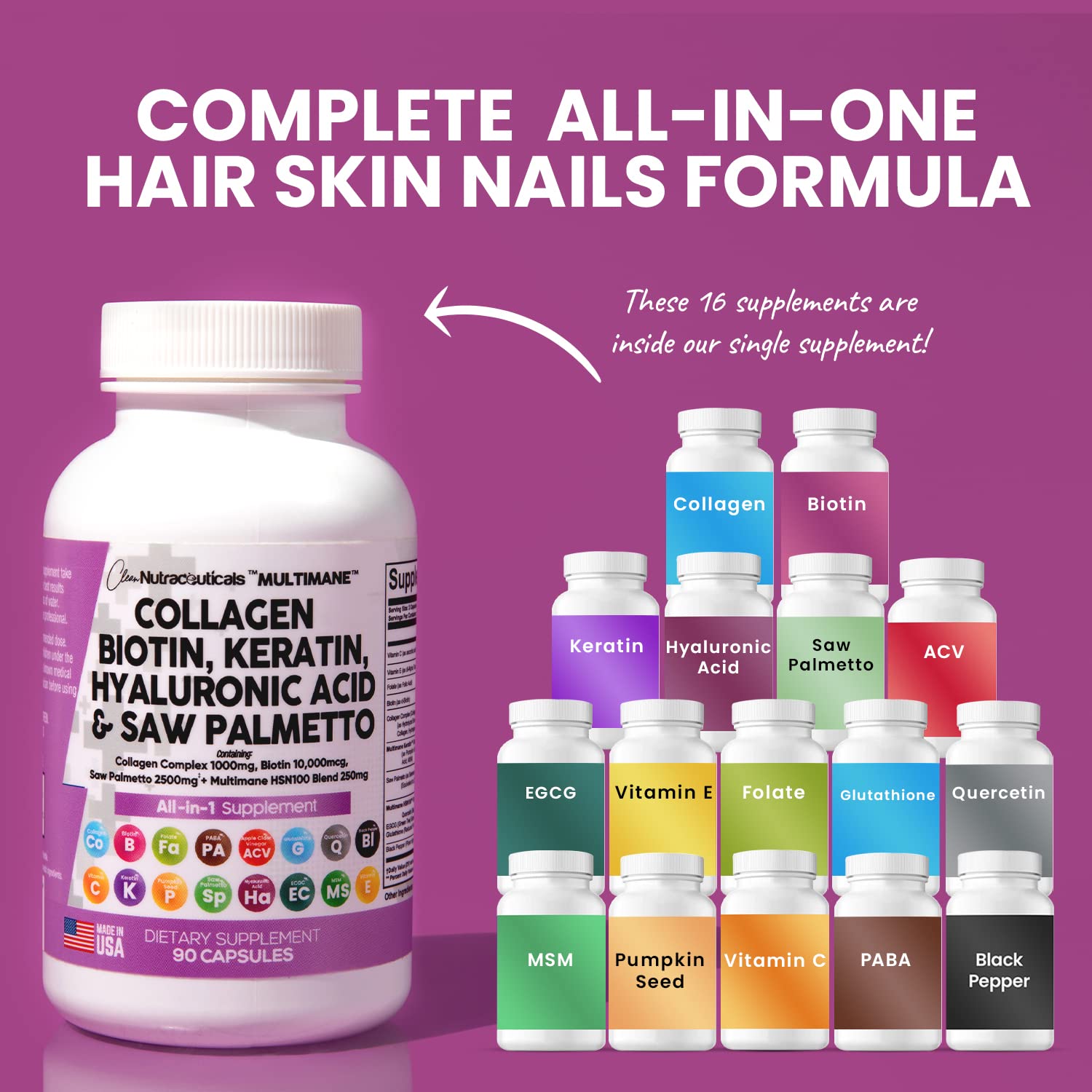Collagen Pills 1000mg Biotin 10000mcg Keratin Saw Palmetto 2500mg 90 Ct Clean Nutraceuticals Au supplements
