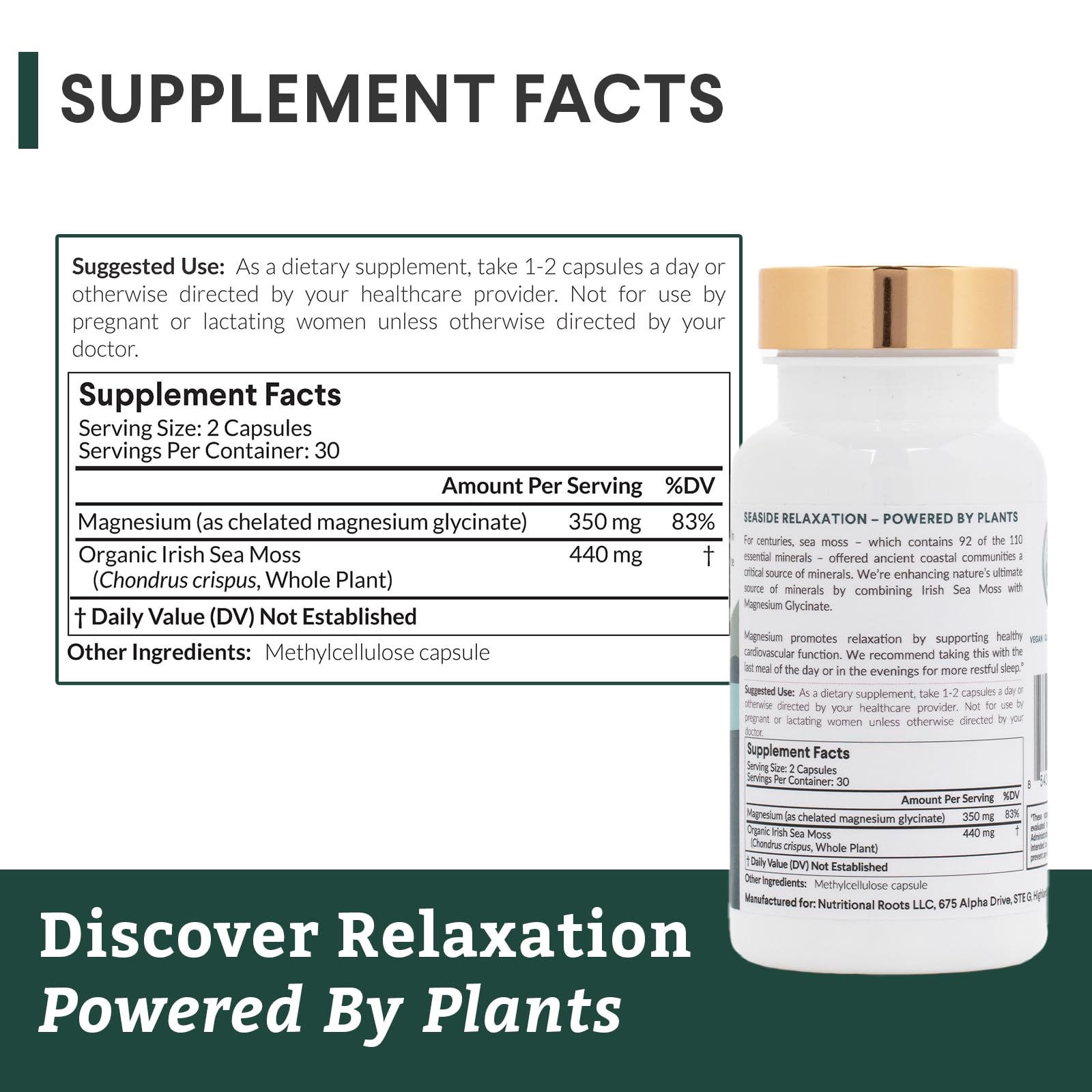 Nutritional Roots - Magnesium + Irish Sea Moss - 350mg Magnesium Glycinate & Organic Irish Sea Moss - Essential Minerals - Supports Heart & Bone Health - Dietary Supplement - 30 Servings - 60 Capsules Nutritional Roots Au supplements