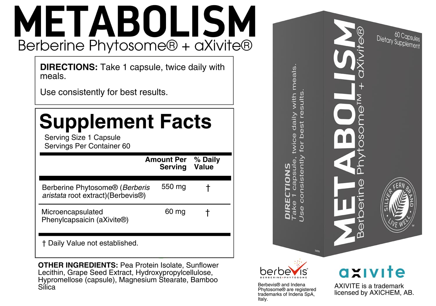 Silver Fern Brand Metabolism Supplement + Berberine Phytosome & aXivite – Supports Function & Wellness – 60 Capsules Silver Fern Au supplements