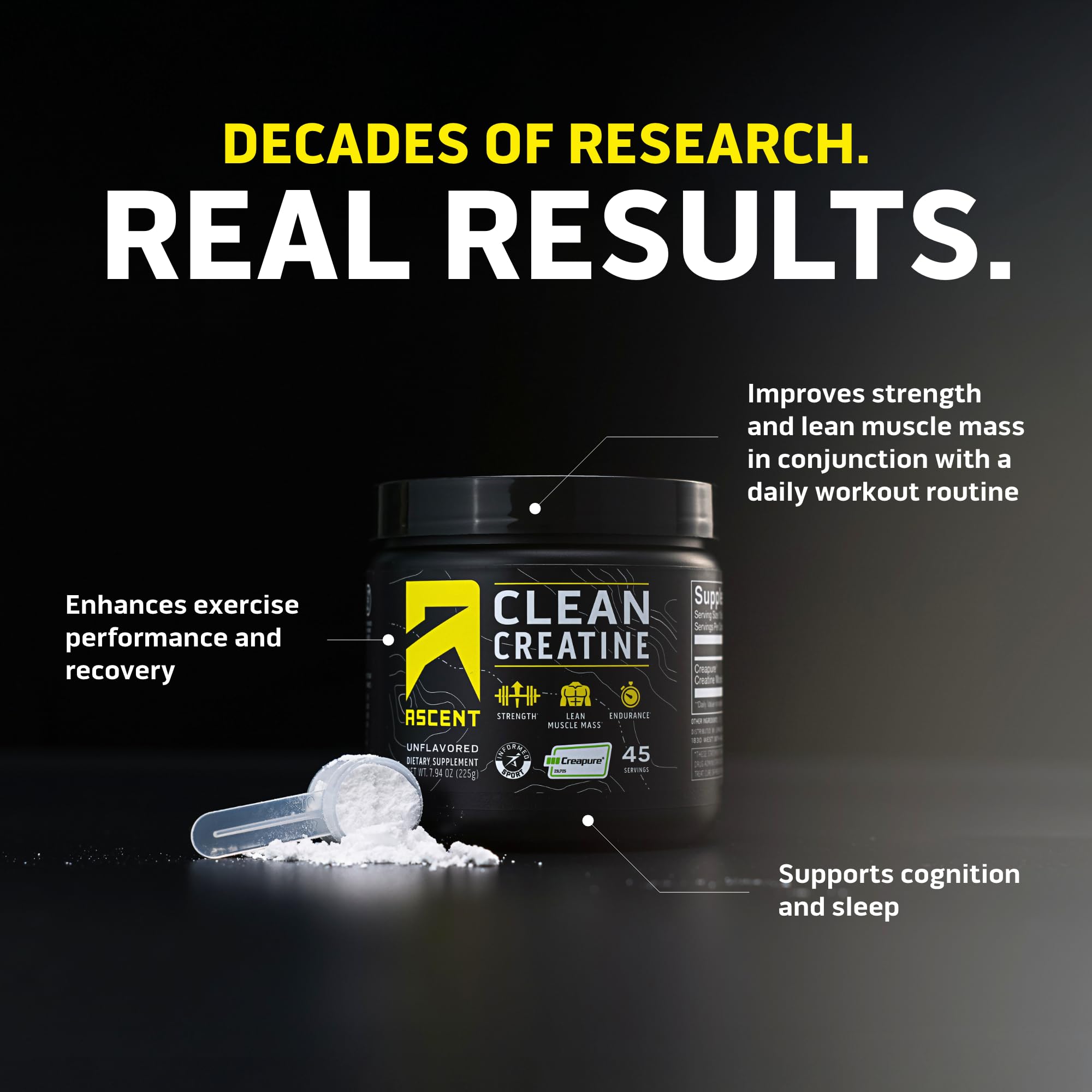 Ascent Clean Creatine Monohydrate Powder - 5G Per Serving, Creapure Supplement - Unflavored, 45 Servings Ascent Au supplements