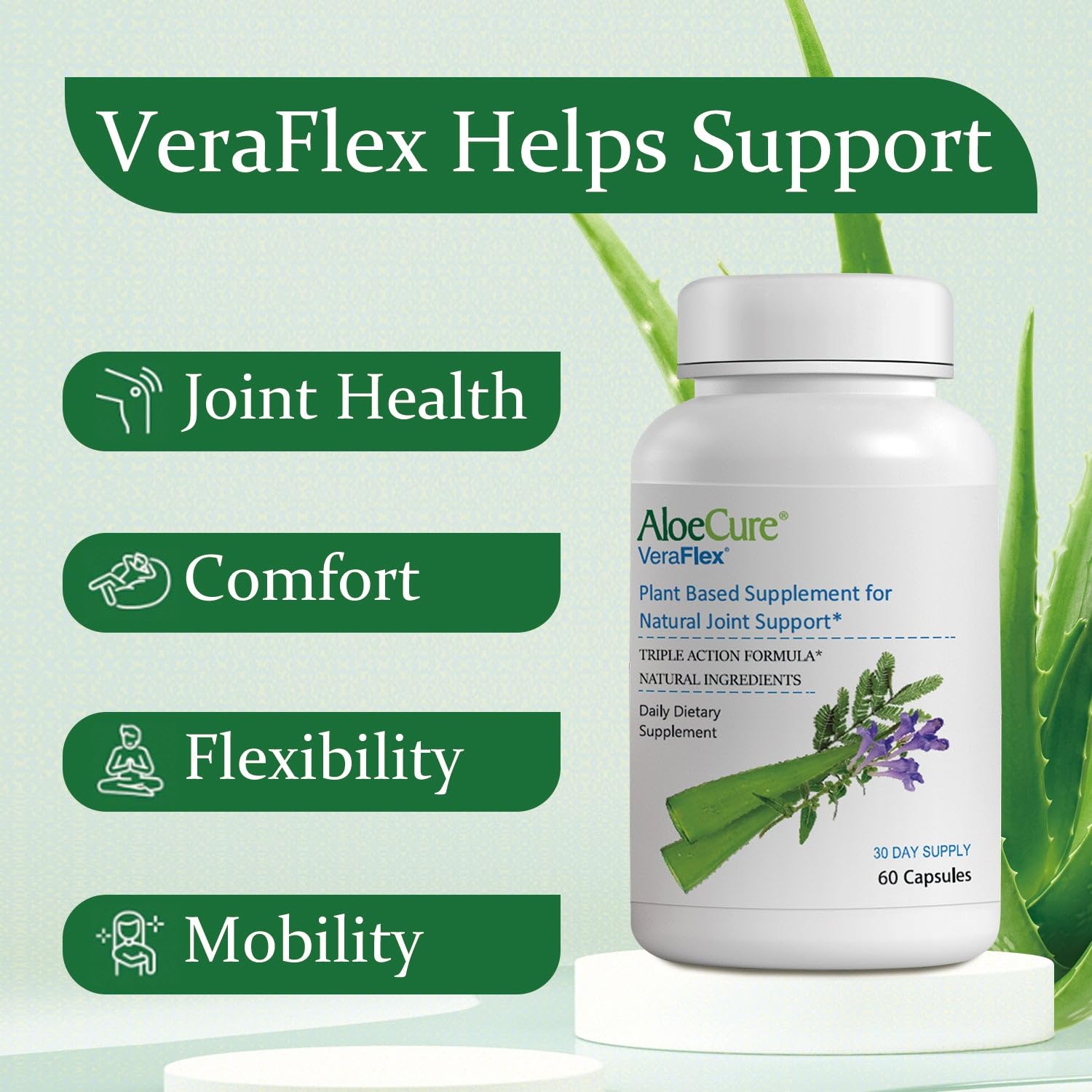 AloeCure VeraFlex Natural Joint Health, 60 Capsules, Clinically Tested Natural Plant-Based Formula to Support Comfort, Mobility and Flexibility - Featuring Organic Aloe Vera, 3-Pack AloeCure Au supplements