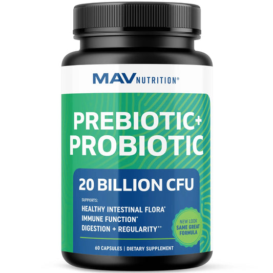 Prebiotics and Probiotics for Women & Men | Pre and Probiotics for Gut Health & Bloating Relief | Synbiotic with 20 Billion CFU Lactobacillus & Bifidobacterium | Shelf-Stable | Vegetarian | 60 Ct. MAV NUTRITIONAU supplements