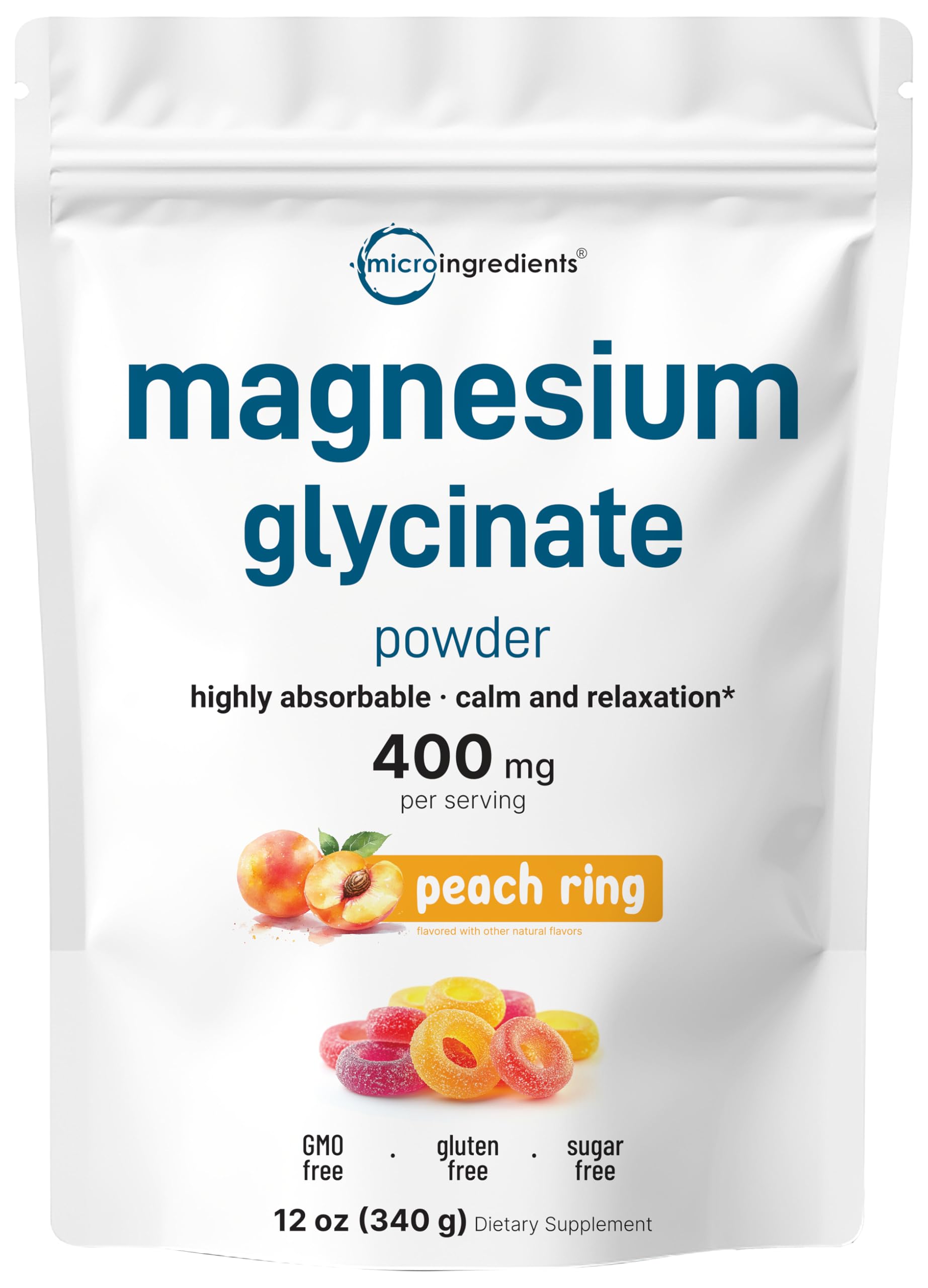 Magnesium Powder, 12oz (56 Servings) | Magnesium Glycinate Powder | Sweet Peach Ring Flavored | Sleep, Muscle, Heart & Nerve Health Support | Easily Absorbed | Non-GMO, Vegan, Sugar Free Micro Ingredients Au supplements