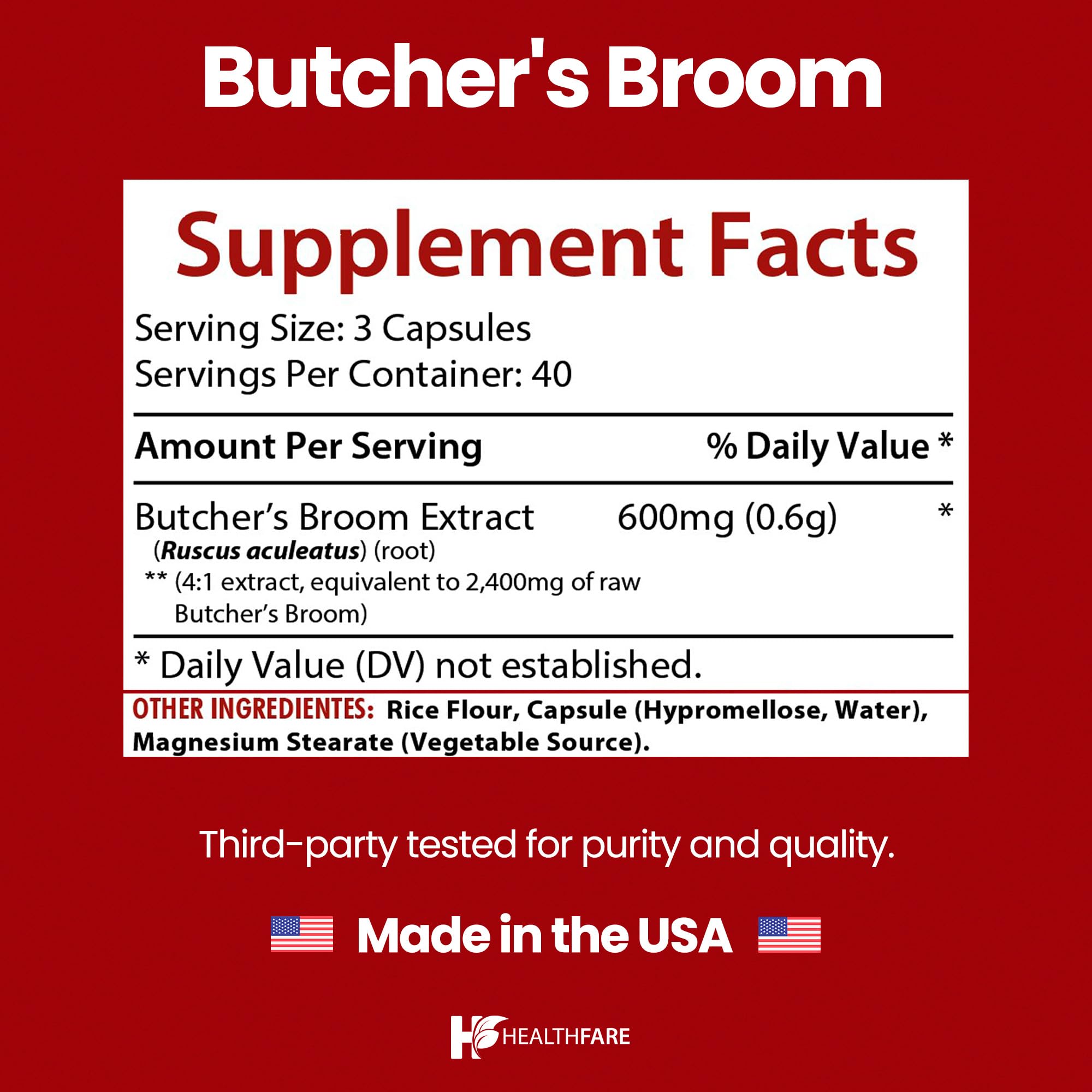 Healthfare Butchers Broom Supplement | Capsules Extract 2400mg | 120 Vegetarian Pills | Premium Herbal Root Supplement | Circulation & Vein Support | Non-GMO, Gluten-Free | Made in USA Healthfare Au supplements
