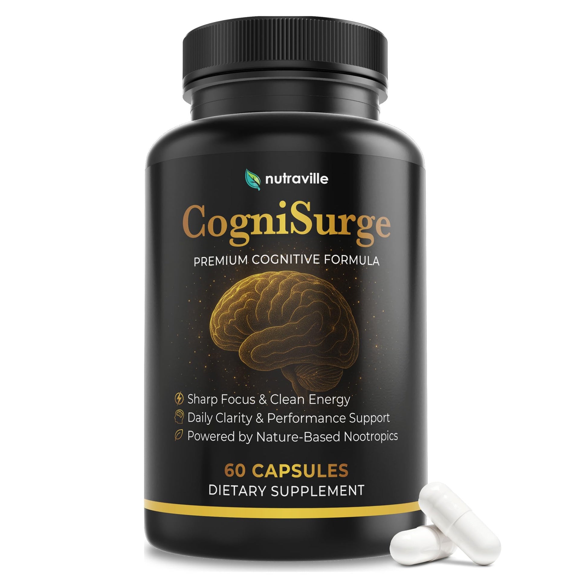Nutraville CogniSurge Nootropics Brain Support Supplement for Memory and Focus - Nature-Powered Lion's Mane Supplement Capsules with Shilajit - No Caffeine or Stimulants - 30 Servings Nutraville Au supplements