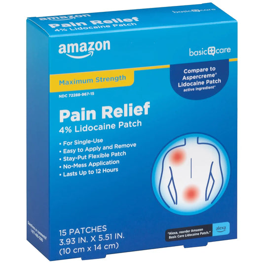 Amazon Basic Care Maximum Strength OTC Pain Relief , 4% Lidocaine Patch, 3.9” x 5.5”, 15-Count Box (Previously HealthWise) Amazon Basic CareAU supplements