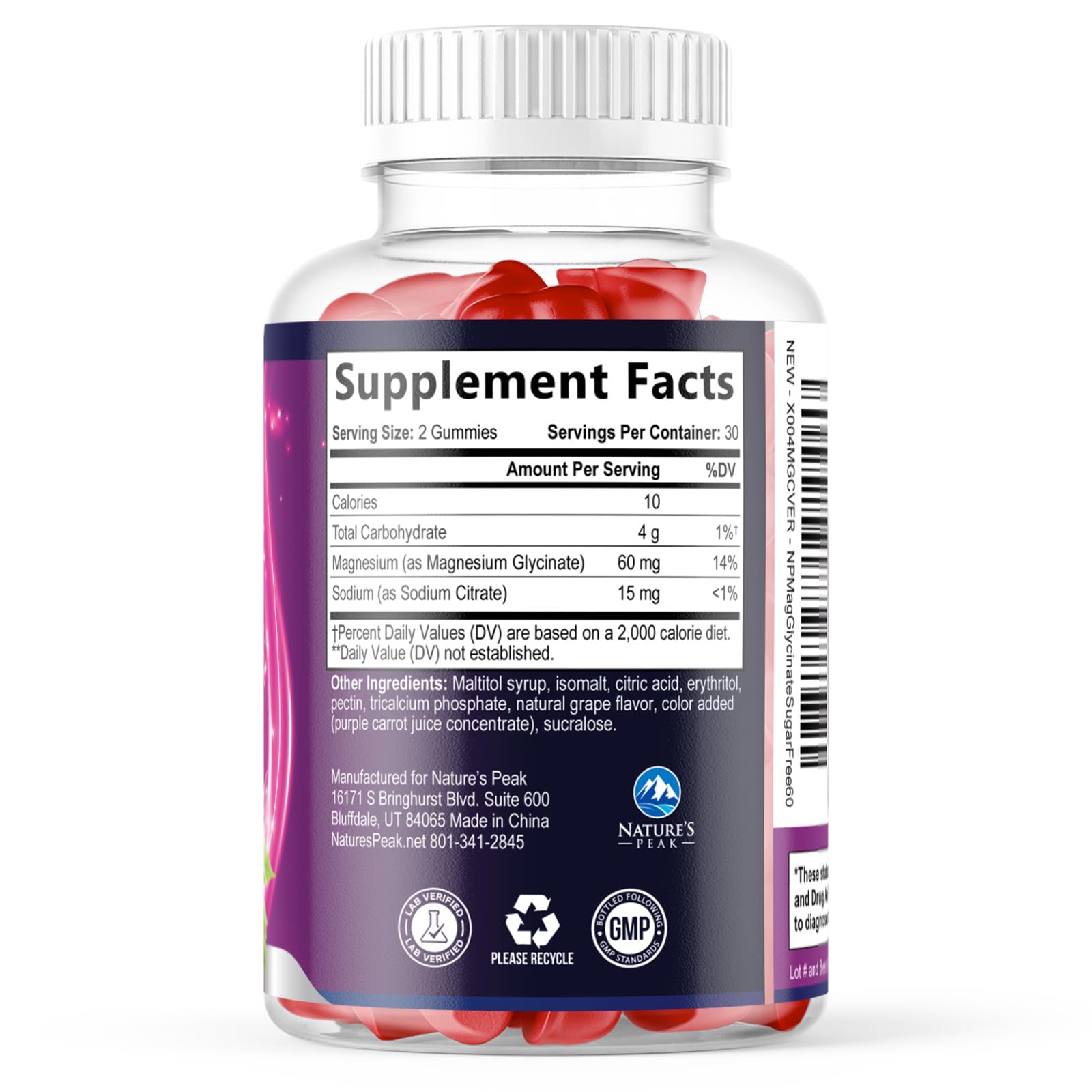 Magnesium Glycinate Gummies - Sugar Free - 100% Chelated Magnesium Gummy Supplement for Max Absorption - for Sleep Support & Heart, Muscle & Bone Health - Gentle on Stomach, Grape Flavor - 60 Gummies Nature's Peak Au supplements