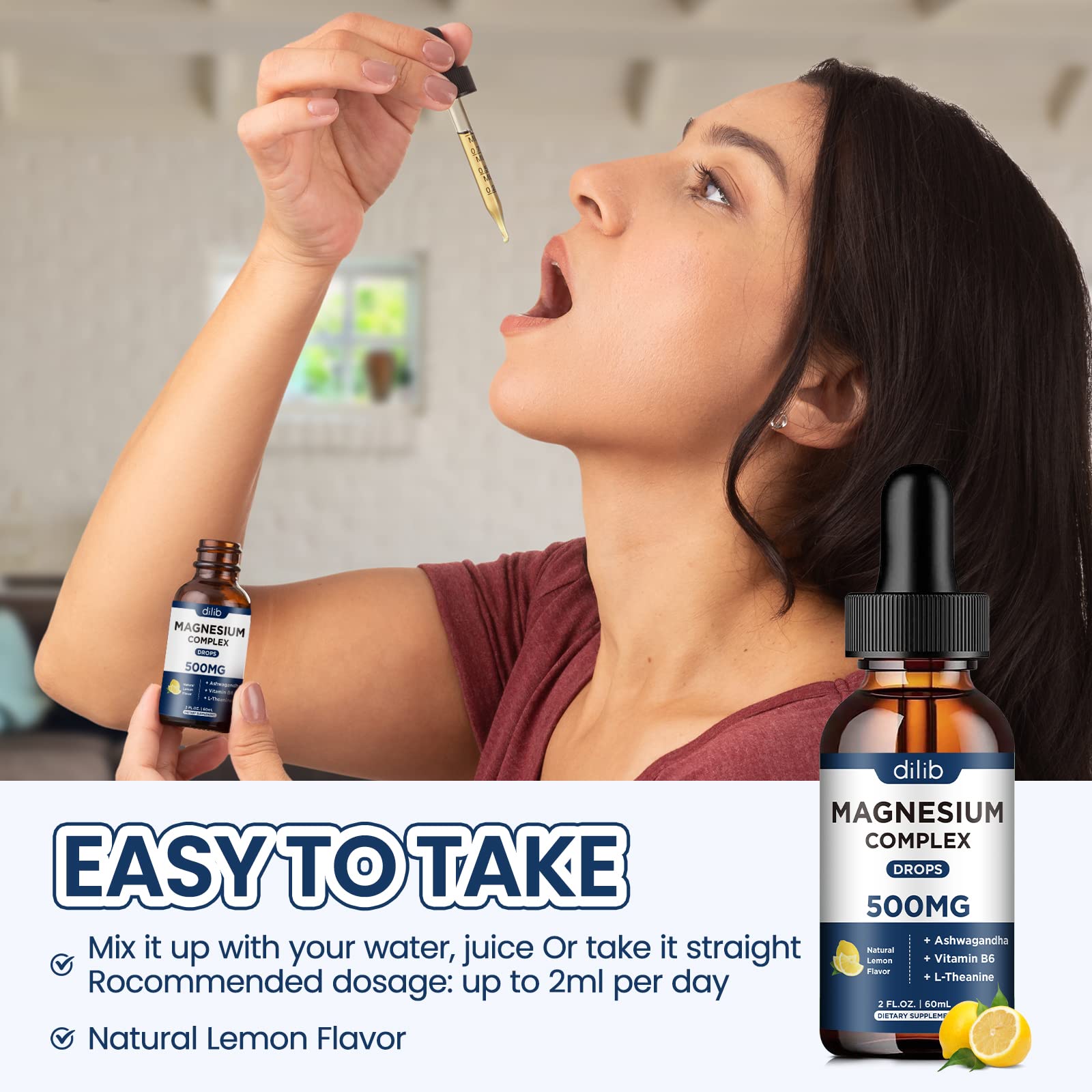 Magnesium Glycinate Liquid Drops, Triple Magnesium Complex Supplement with Citrate, Malate 500mg Ashwagandha, L-Theanine, Vitamin B6 for Sleep, Calm, Stress Relief, Bone, Muscle, Mood - Lemon Flavor dilib Au supplements