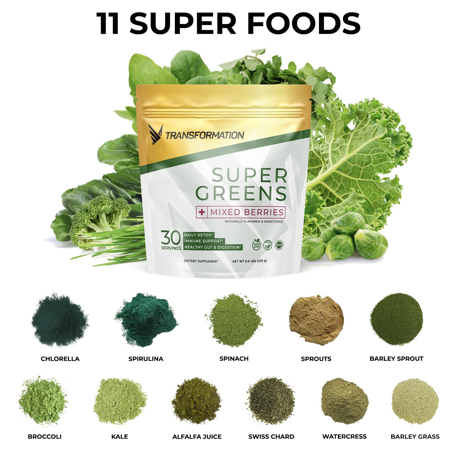 Transformation Super Greens Superfood Green Juice Powder - Immune & Energy Support | Natural Ingredients | Detoxifying & Alkalizing Minerals - Spirulina, Chlorella, Wheatgrass, Spinach, Alfalfa SPR BODY Au supplements