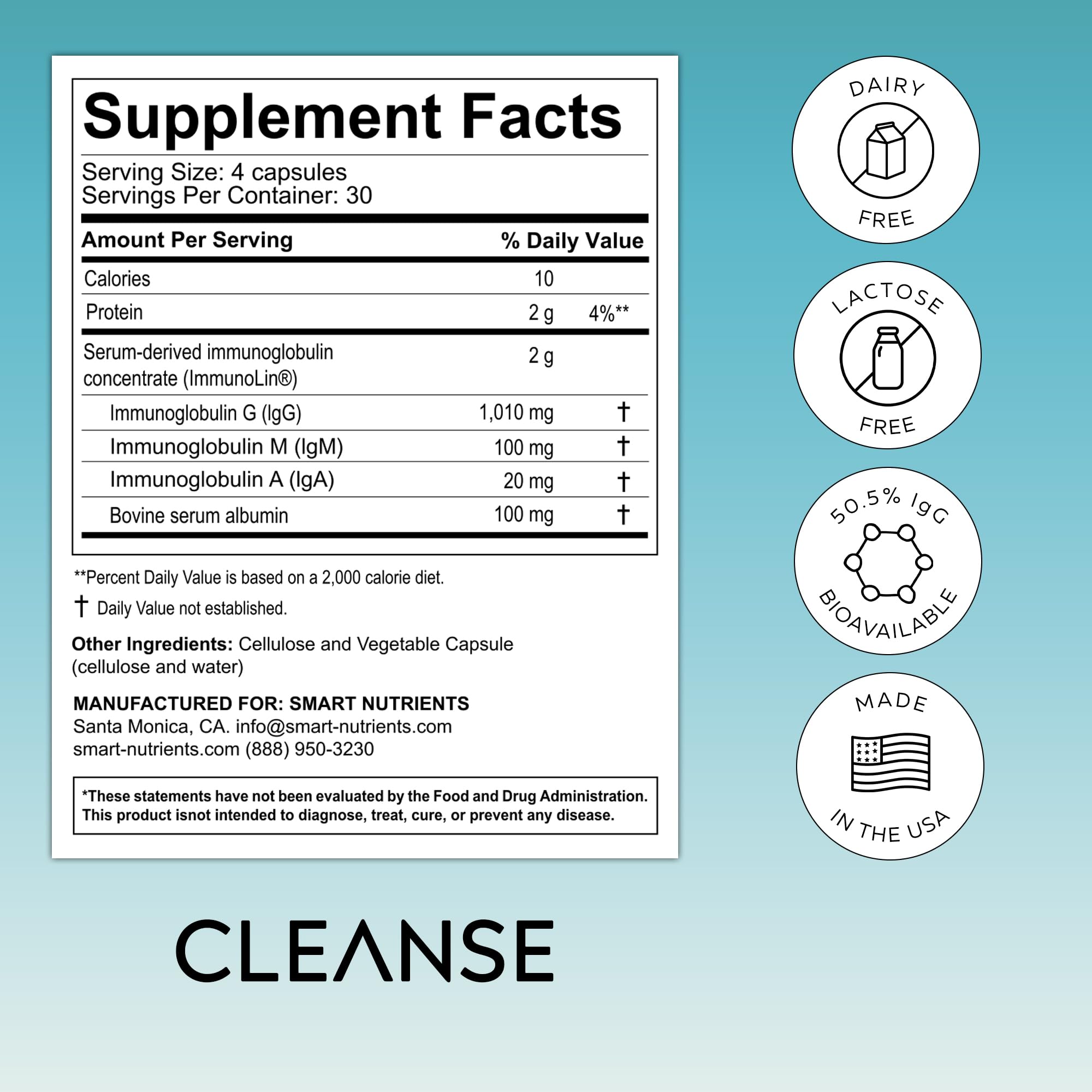 CLEANSE | IgG Dairy-Free Colostrum | 50.5% IgG Potent Concentrated Immune Support | Daily Gut Health Detox, Energy, Prebiotics, Digestive Support | 120 Capsules | 30 Day Supply, 1-Pack Smart Nutrients Au supplements