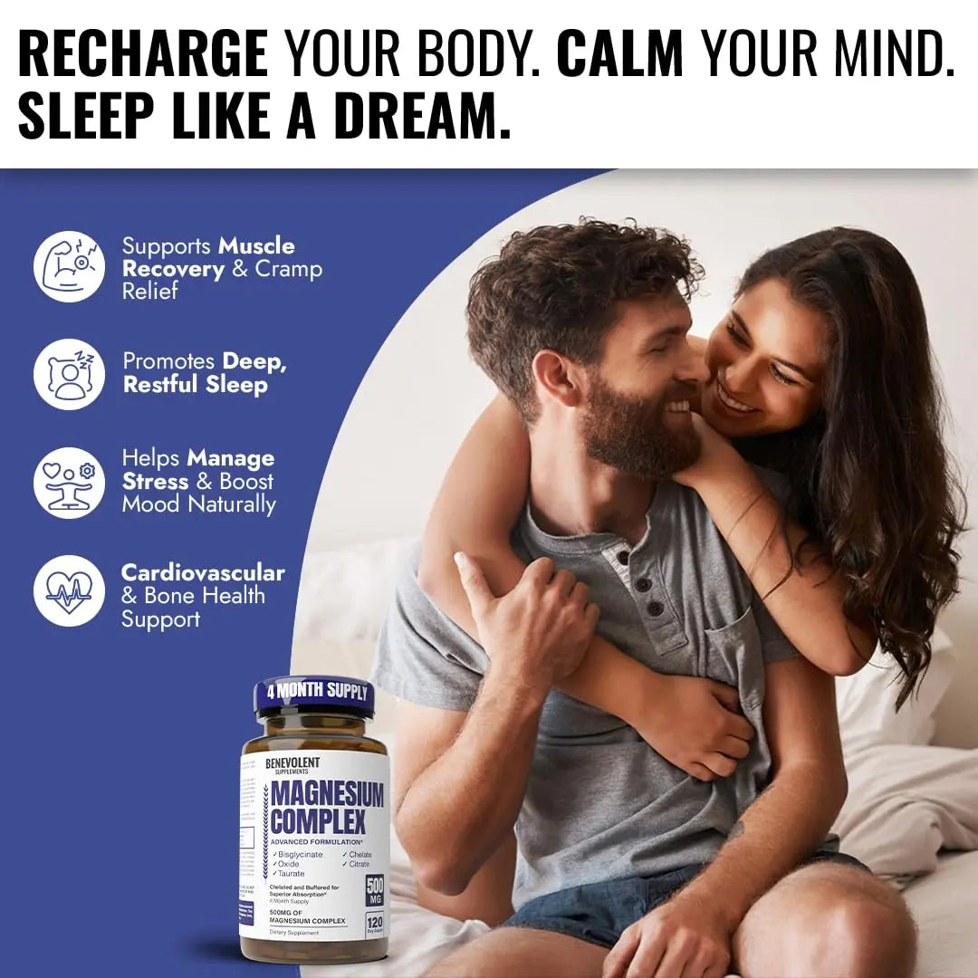 Magnesium Complex Supplement, 4 Month Supply of 500mg 5-in-1 Bisglycinate, Oxide, Taurate, Aspartate, Citrate, Max Absorption Magnesium Supplement for Calm, Sleep & Leg Cramps, 120 Capsule Benevolent Nourishment Au supplements