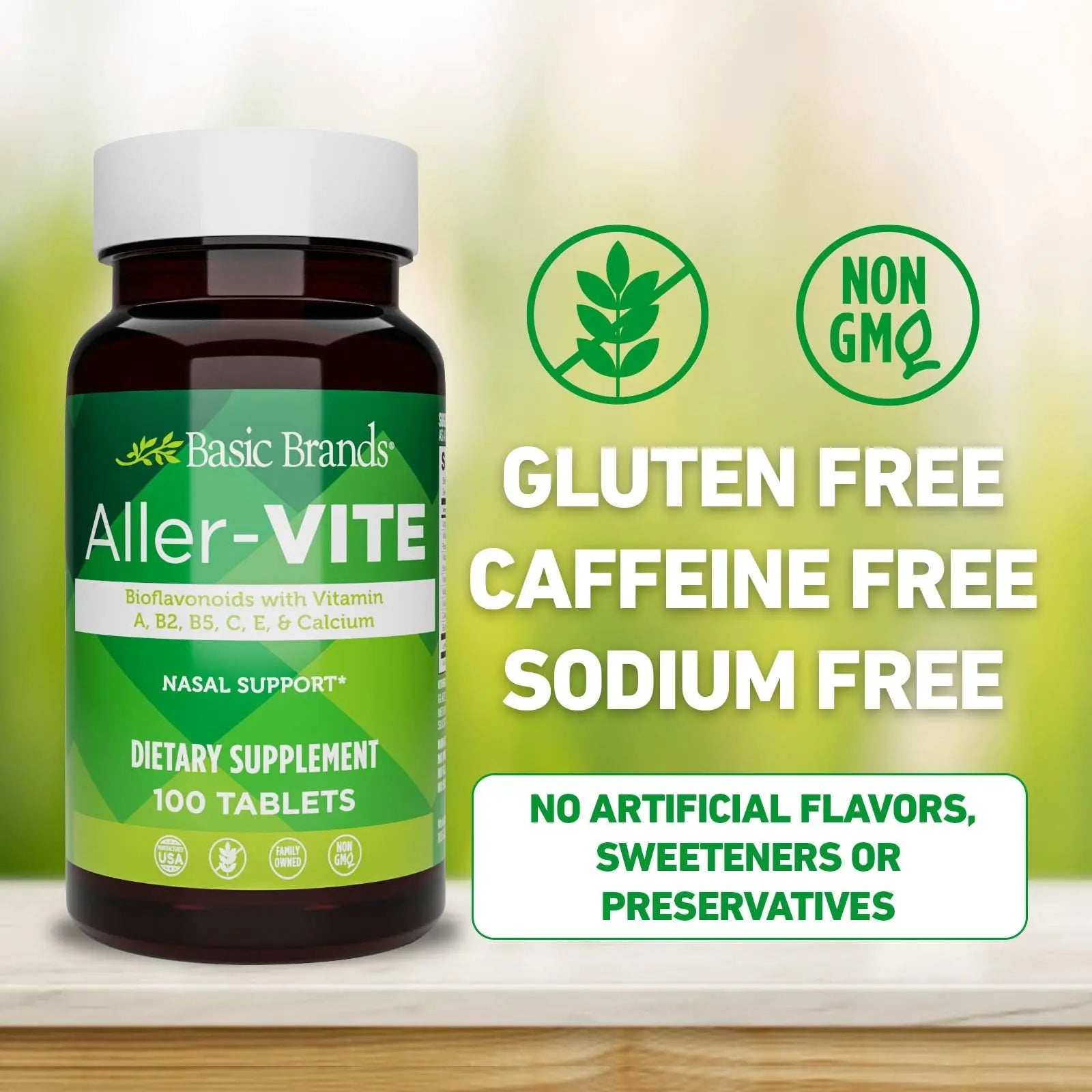 Basic Brands Aller Vite Nasal Support Tablets for Seasonal Allergy Relief, High Bioflavonoid Complex with Vitamins and Calcium, Gluten Free Daily Supplement, 100 Tablets Basic Brands Au supplements
