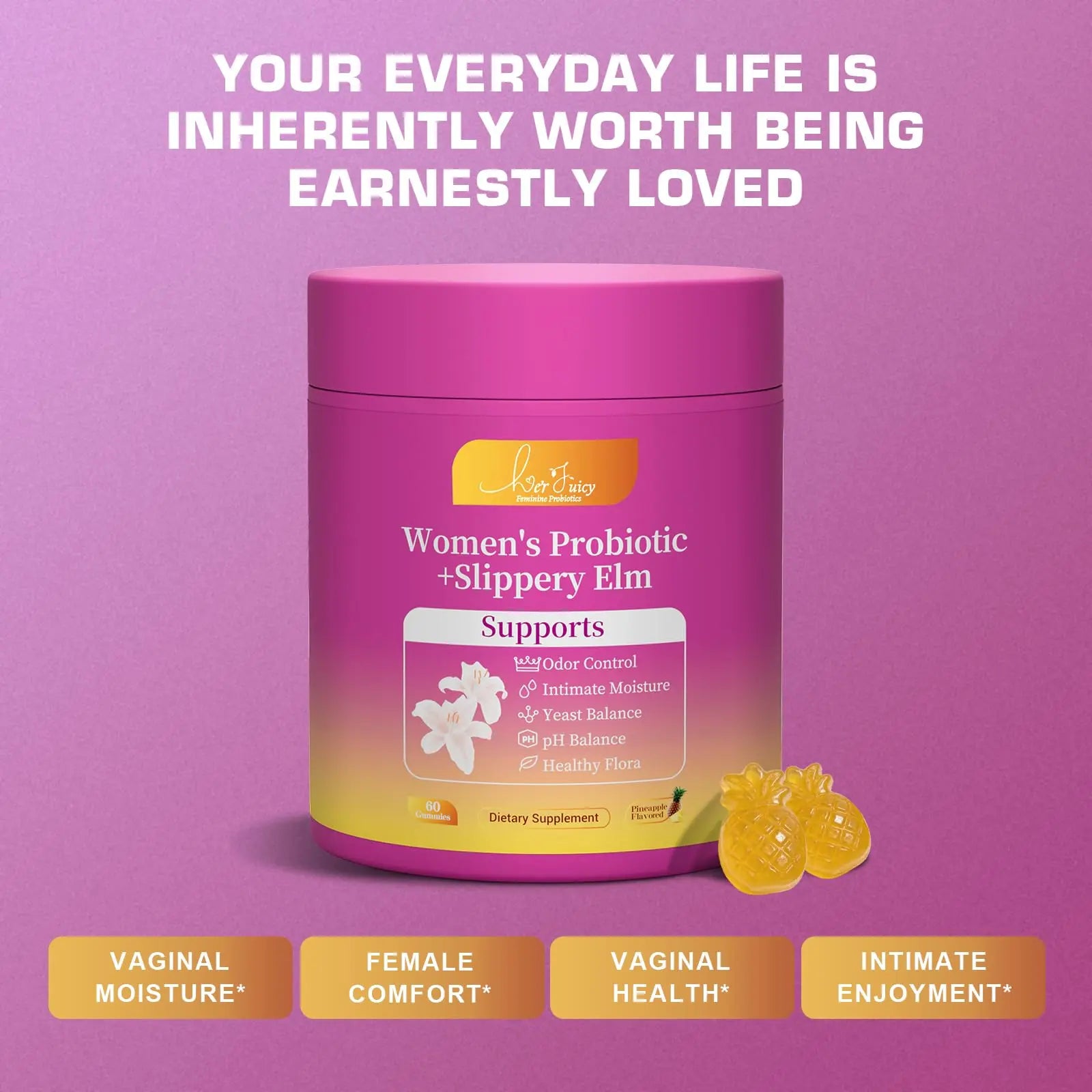 Brurtzexs Her Juicy Feminine Probiotics Gummies for Women with Slippery Elm - Pineapple Flavor, pH Balance & Immune Health Support - Digestive & Feminine Support - Vegan Supplement, 60 C Brurtzexs Au supplements