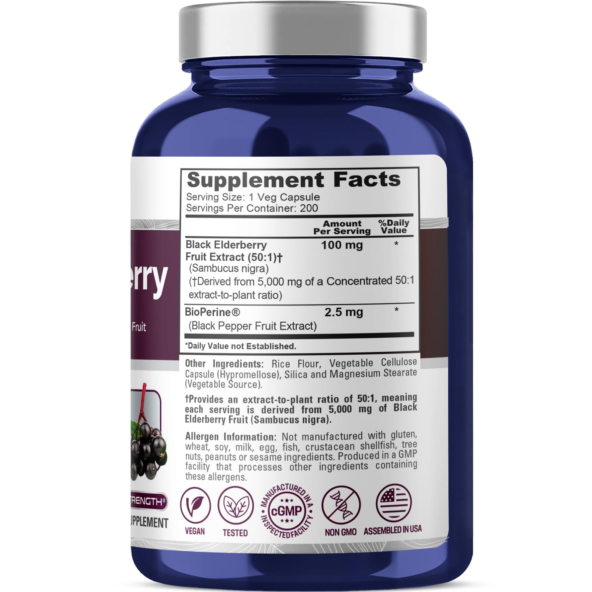 NusaPure Black Elderberry 50:1 Extract, 100 mg Equivalent to 5,000mg per Veggie Capsules, 200 Count (Vegan, Non-GMO, Bioperine) Dietary Supplement NusaPure Au supplements