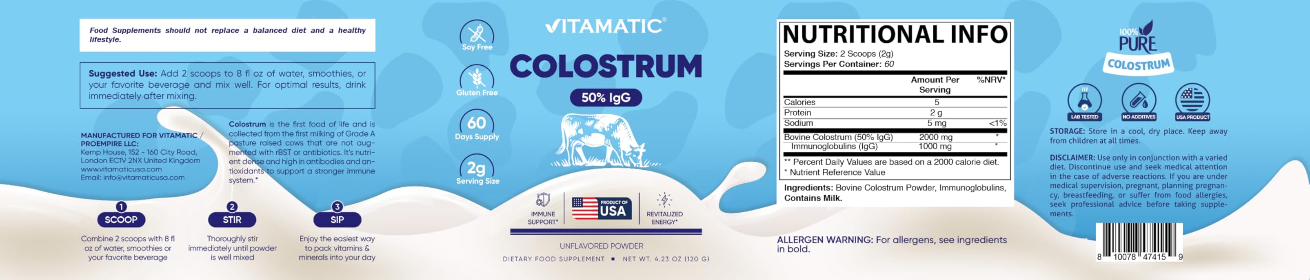 Vitamatic Bovine Colostrum Powder - 50% Highest IgG -120 Gram - Supplement for Gut Health, Hair Growth, Beauty, Muscle Recovery, & Immune Support - Easy to Mix - Unflavored - 60 Servings Vitamatic Au supplements