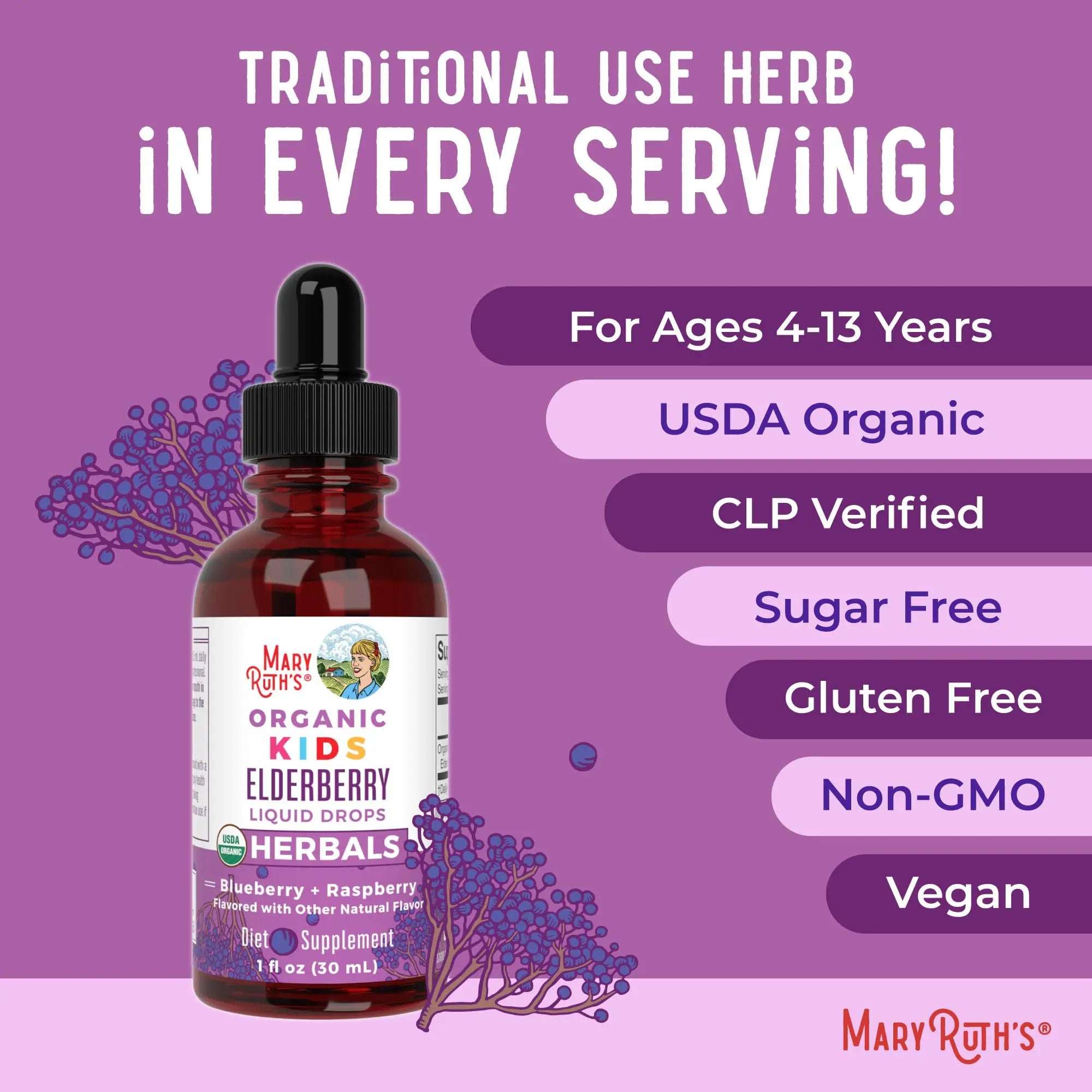MaryRuth Organics USDA Organic Elderberry Liquid Drops for Kids | Vegan Elderberry Extract Organic Glycerin | Immune Support Supplement | Overall Health | Formulated for Ages 4-13 | 1oz MARYRUTH'S Au supplements