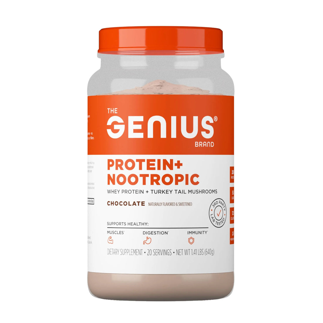 The Genius Brand Protein Powder - Chocolate + Adaptogenic Mushroom Blend - Plant-Based Protein with Reishi, Cordyceps & Lion’s Mane - Daily Muscle Recovery & Immune Support - 20 Servings The Genius Brand Au supplements