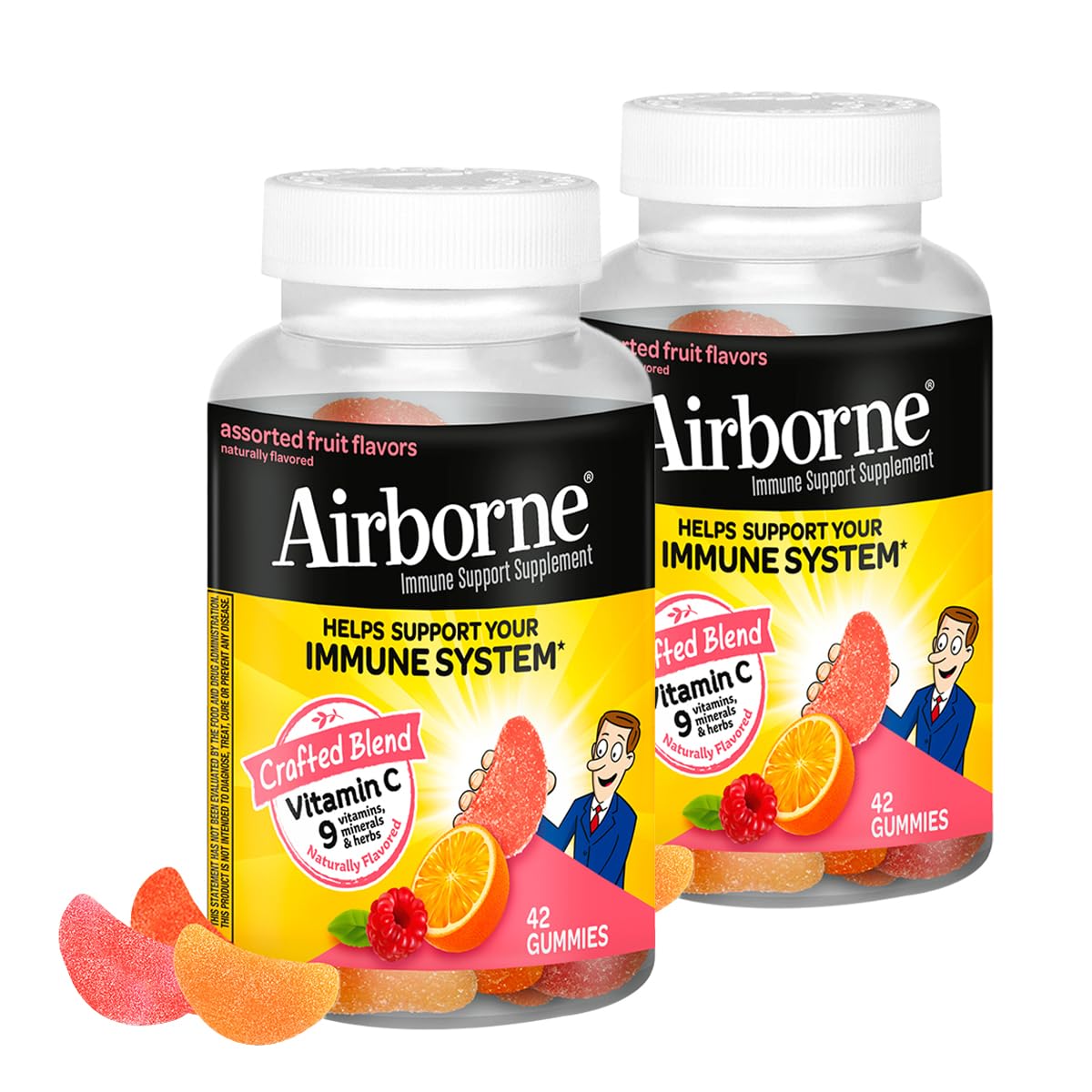 Airborne 750mg Vitamin C Immune Support Supplement Gummies for Adults, Assorted Fruit Flavor, Gluten Free Crafted Blend with Powerful Antioxidants Vitamins A C & E, 42 Gummies (2 Pack) Airborne Au supplements