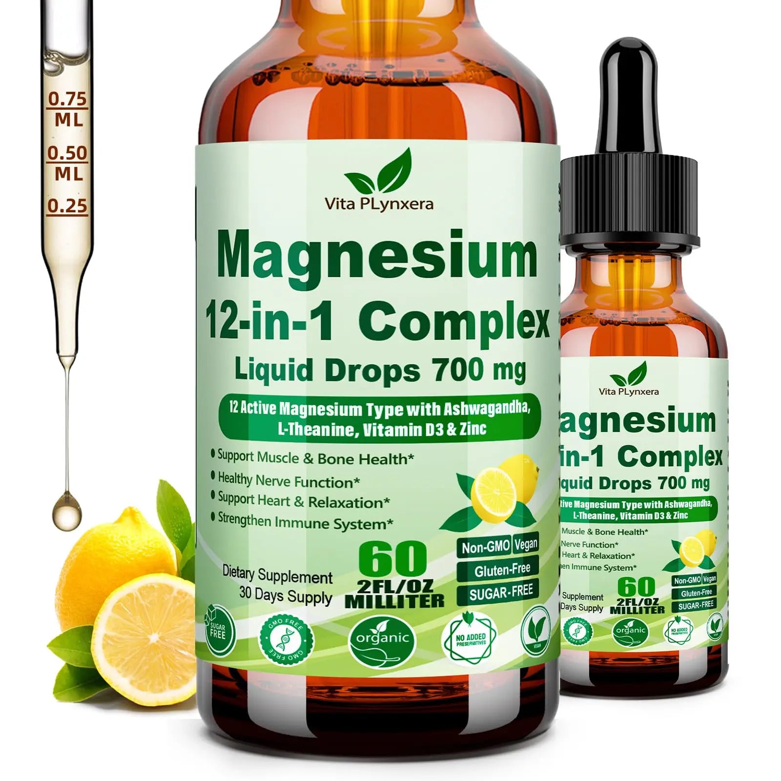 12-in-1 Magnesium Complex Liquid Drops, Chelated Magnesium Citrate Glycinate Taurate Malate Aspartate w. Ashwagandha Theanine D3 & Zinc for Relaxation Sleep Immune Health & Muscle Function丨Women Men. Vita PLynxera Au supplements