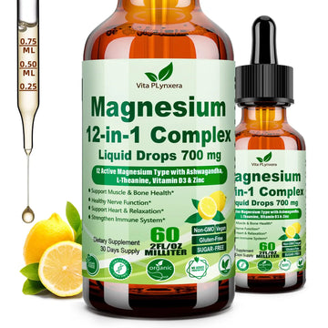 12-in-1 Magnesium Complex Liquid Drops, Chelated Magnesium Citrate Glycinate Taurate Malate Aspartate w. Ashwagandha Theanine D3 & Zinc for Relaxation Sleep Immune Health & Muscle Function丨Women Men. Vita PLynxera Au supplements