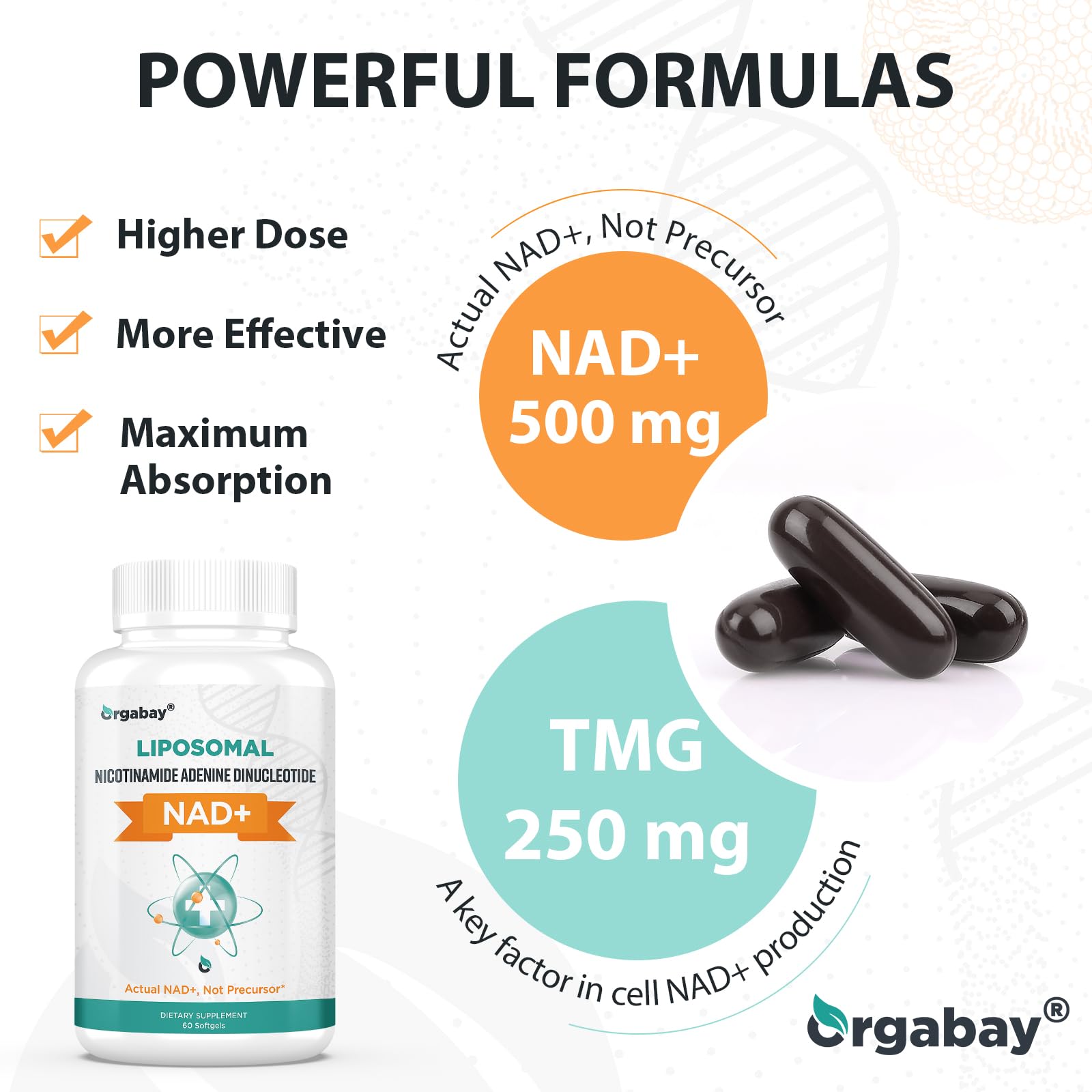 Orgabay Liposomal NAD+ Supplement 500 mg, High Absorption, Boost NAD+ with TMG 250 mg, Actual NAD Plus More Efficient Than Nicotinamide Riboside, Support Cellular Energy, Healthy Aging | 240 Softgels Orgabay Au supplements