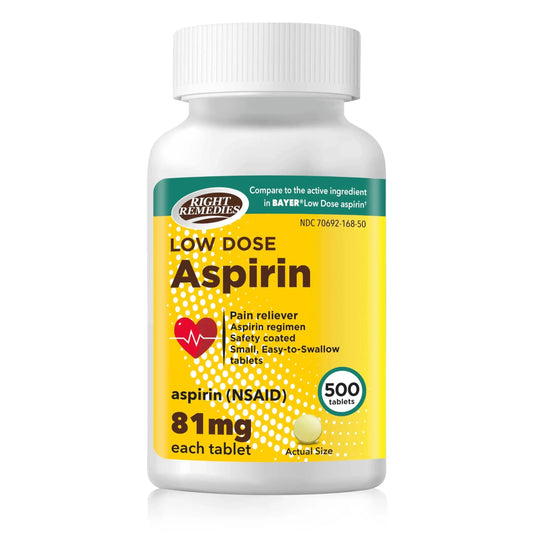 RIGHT REMEDIES Low Dose Aspirin 81mg, Enteric Coated Tablets, NSAID Pain Reliever & Fever Reducer for Adults, Compare to the Active Ingredient in Bayer® Low Dose Aspirin (500ct) RIGHT REMEDIESAU supplements