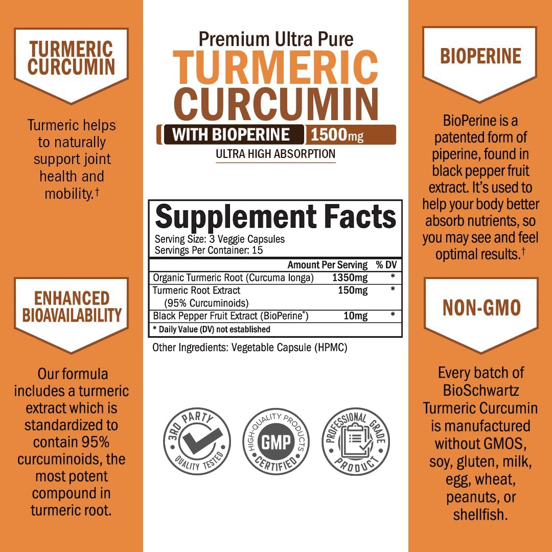 Turmeric Curcumin with Black Pepper Extract 1500mg - High Absorption BioSchwartz Au supplements