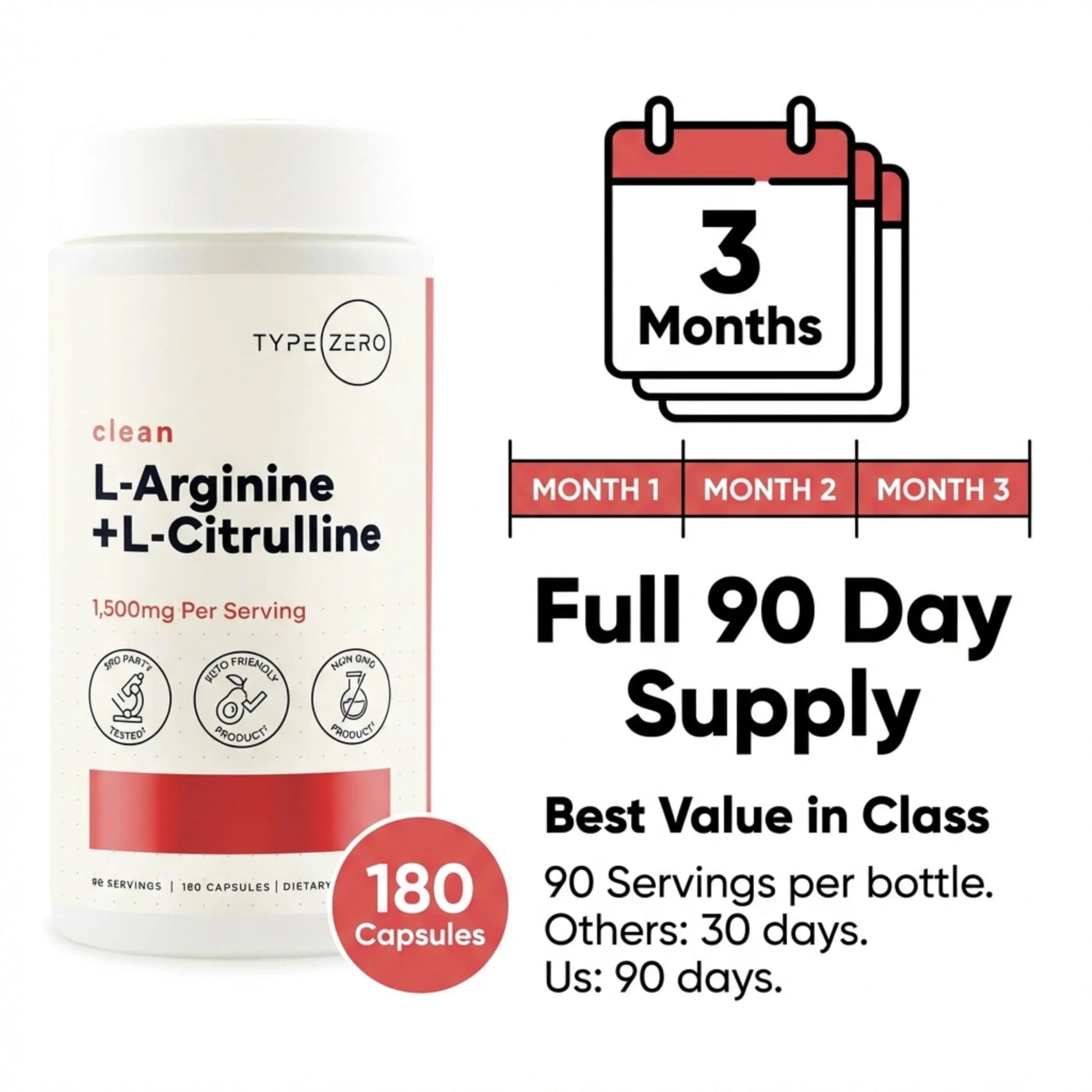 Type Zero L-Arginine + L-Citrulline Supplement (1500mg) - Nitric Oxide Booster - Clean, Keto-Friendly, GMO-Free, 180 Capsules, 90 Servings Type Zero Au supplements
