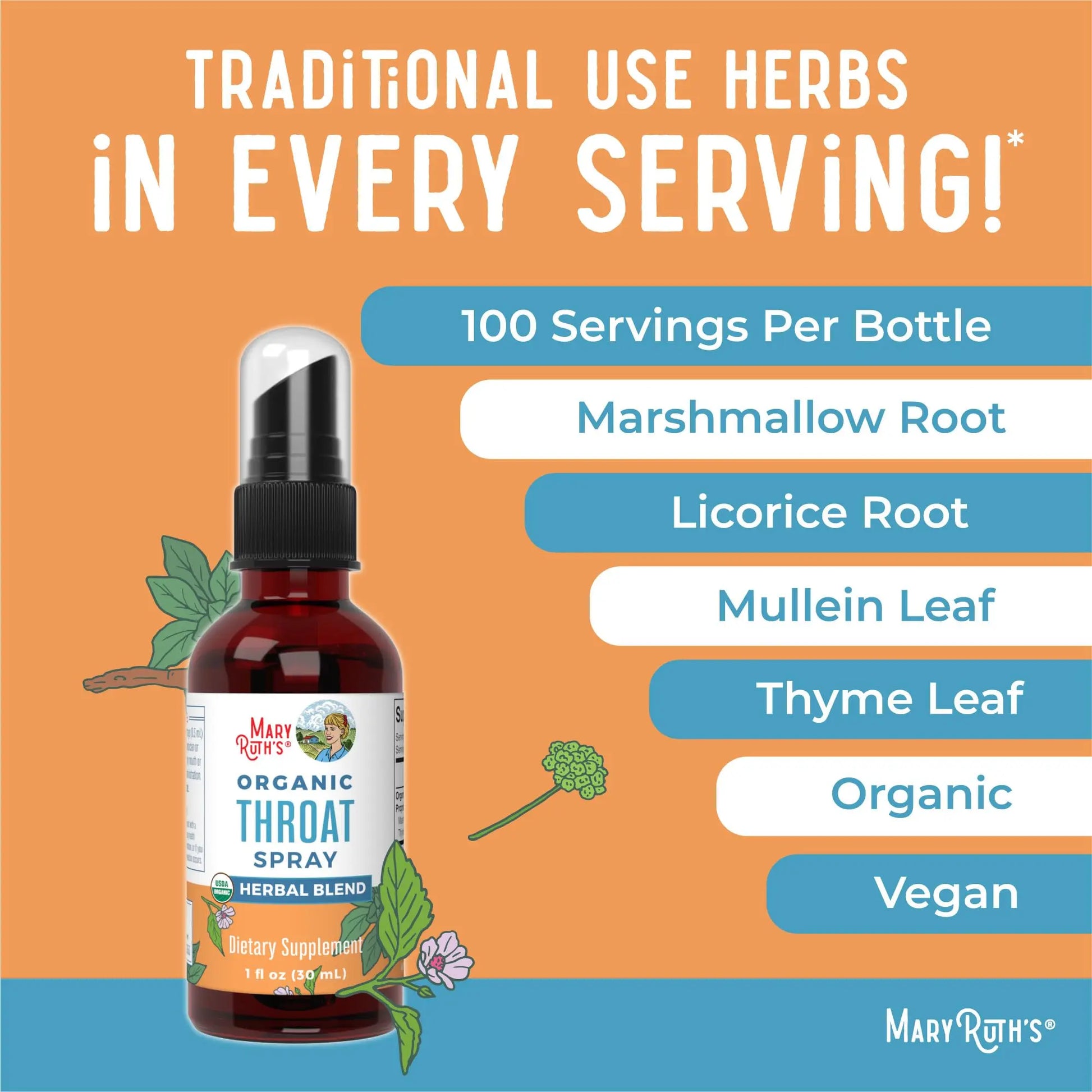 MaryRuth Organics USDA Organic Throat Spray with Mullein Leaf | Marshmallow Root & Licorice Root & Thyme Leaf | 4 Herbal Blend | Non-GMO | Vegan | Gluten Free | 1 Fl Oz | Up to 100 Servings MARYRUTH'S Au supplements