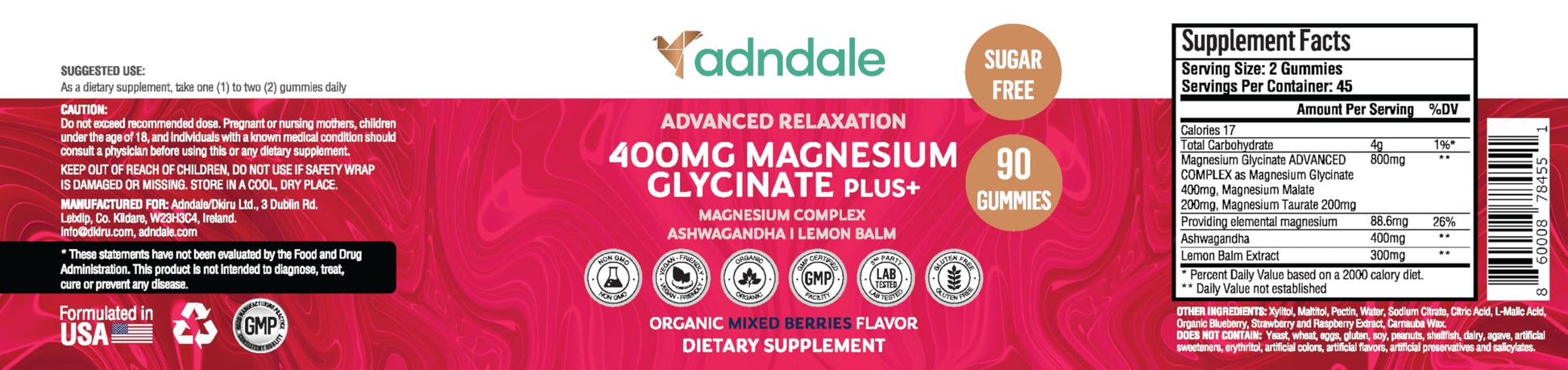 Adndale 90 CT Magnesium Glycinate 400 mg Gummies with Ashwagandha, Magnesium Malate & Taurate, Sugar Free Magnesium Gummies for Adults & Kids. Adndale Au supplements