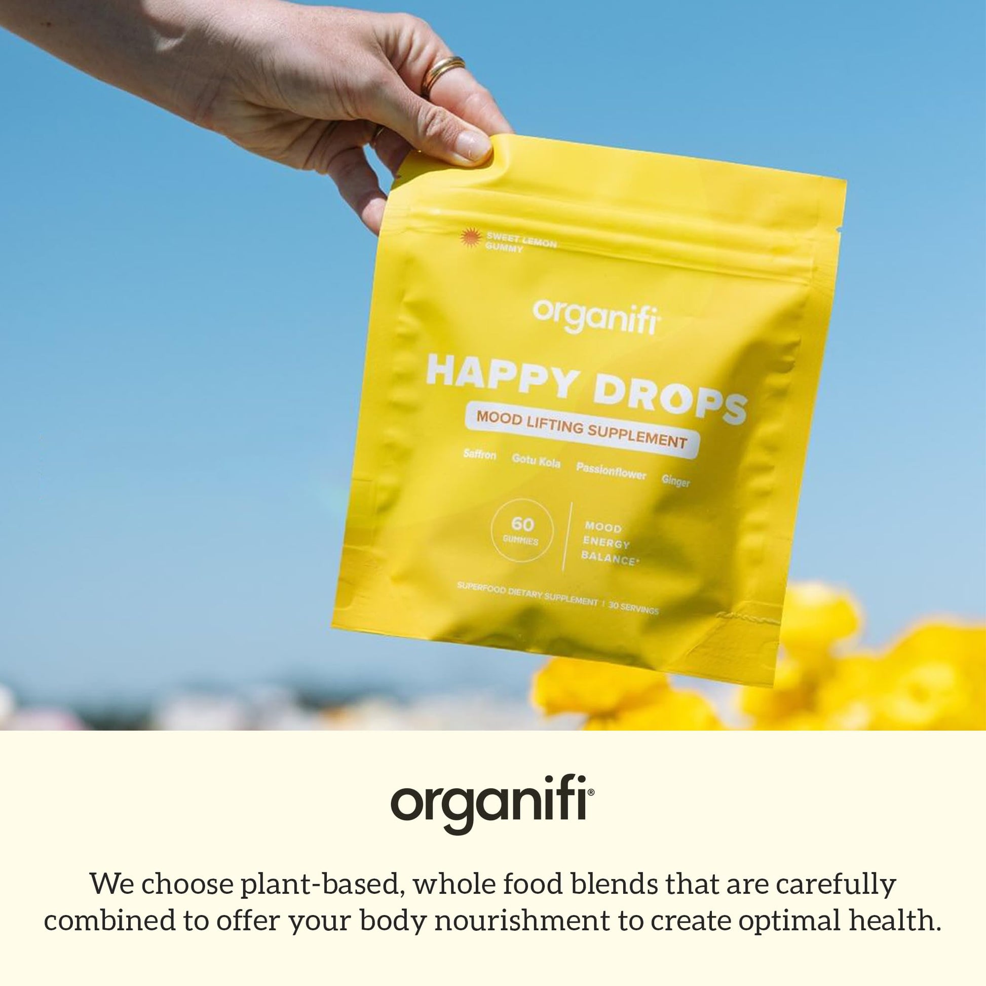 Organifi Happy Drops - Daily Superfood Happy Gummies for Adults - Mood Support Supplement for Balance, Bliss, Energy and Taking the Edge Off - Sweet Lemon Flavor - 60 Gummies Organifi Au supplements