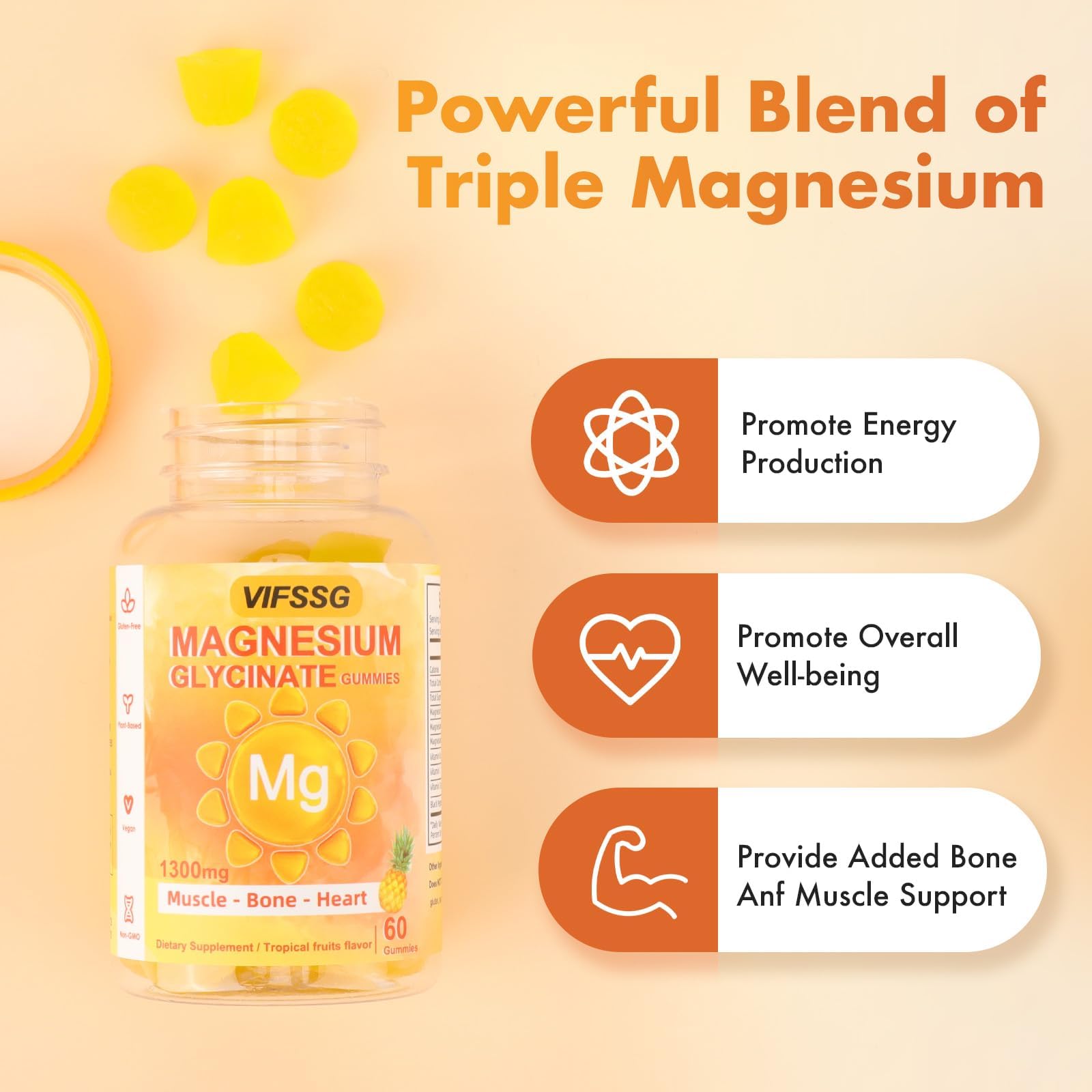 VIFSSG Magnesium Glycinate Gummies 500 Mg, Triple Magnesium Complex Sugar-Free Gummies with Malate 400 Mg, Citrate 400 Mg, Magnesium Supplement Chewable for Women & Men Vegan, Organic 60 Count VIFSSG Au supplements