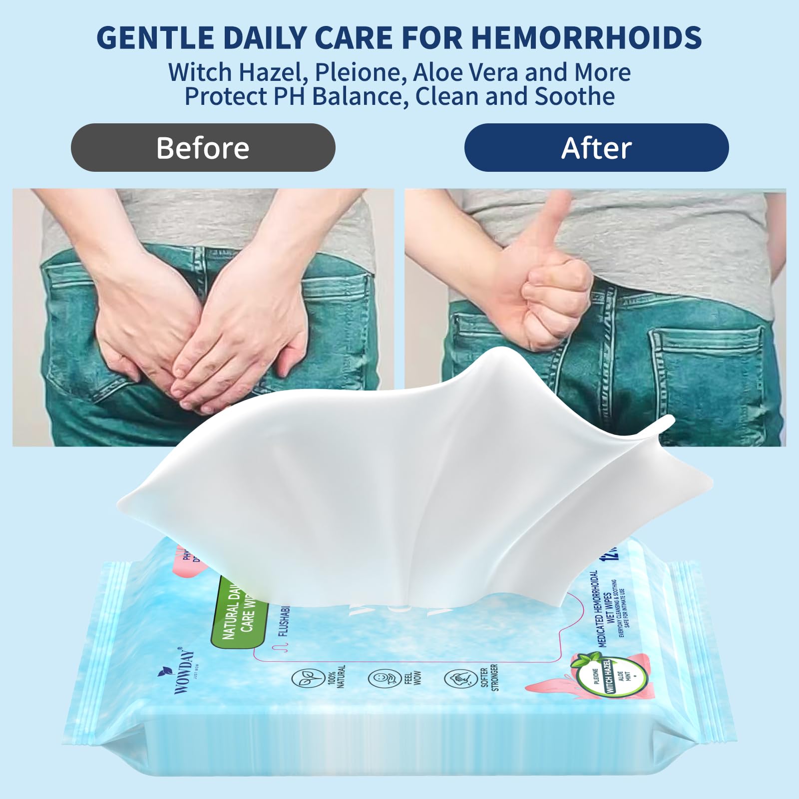 Wowday Flushable Hemorrhoid Wipes | Medicated Witch Hazel Wipes Ph Balanced | 112 Count Natural Fragrance Free Adult Hemorrhoids Witch Hazel Wipe for Butt Itch WowDay Au supplements