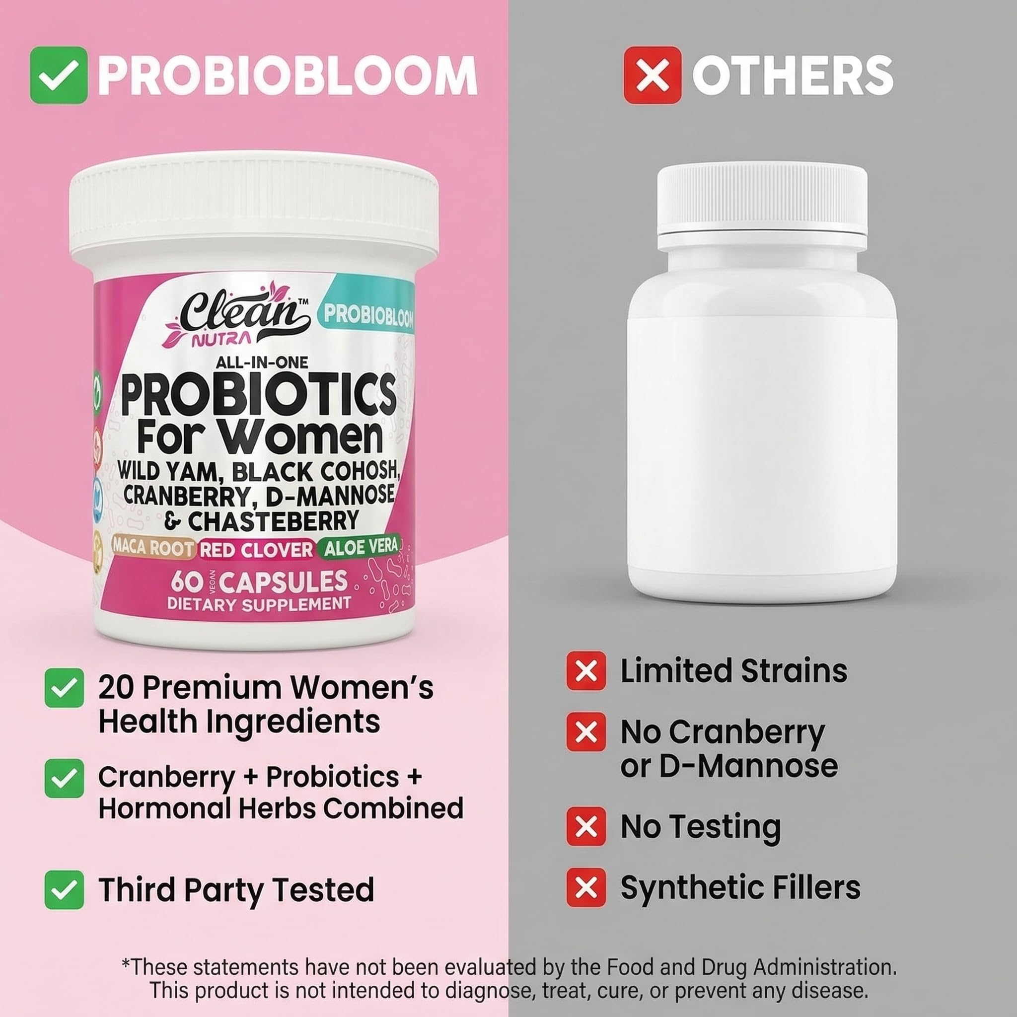 Clean Nutraceuticals Probiotics for Women with D Mannose, Cranberry Extract, Wild Yam, Chasteberry - 20 Probiotic and Prebiotic Strains - PH Balance, Womens Probiotic for Digestive Health - 60 Count Clean Nutraceuticals Au supplements