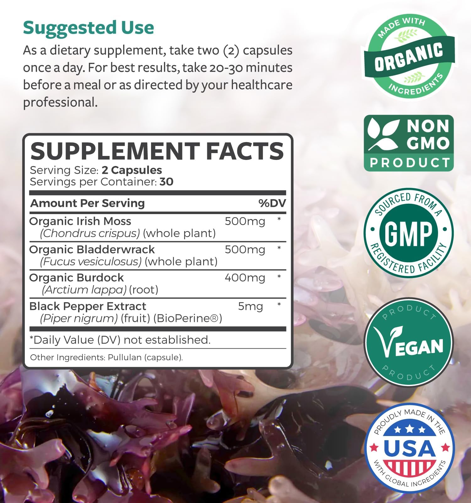 Organic Irish Sea Moss Capsules - Organic Sea Moss Capsules with Bladderwrack Burdock Root and Black Pepper Extract for Enhanced Absorption - Vegan Non-GMO & Made in the USA (1 Month Supply) Healths Harmony Au supplements