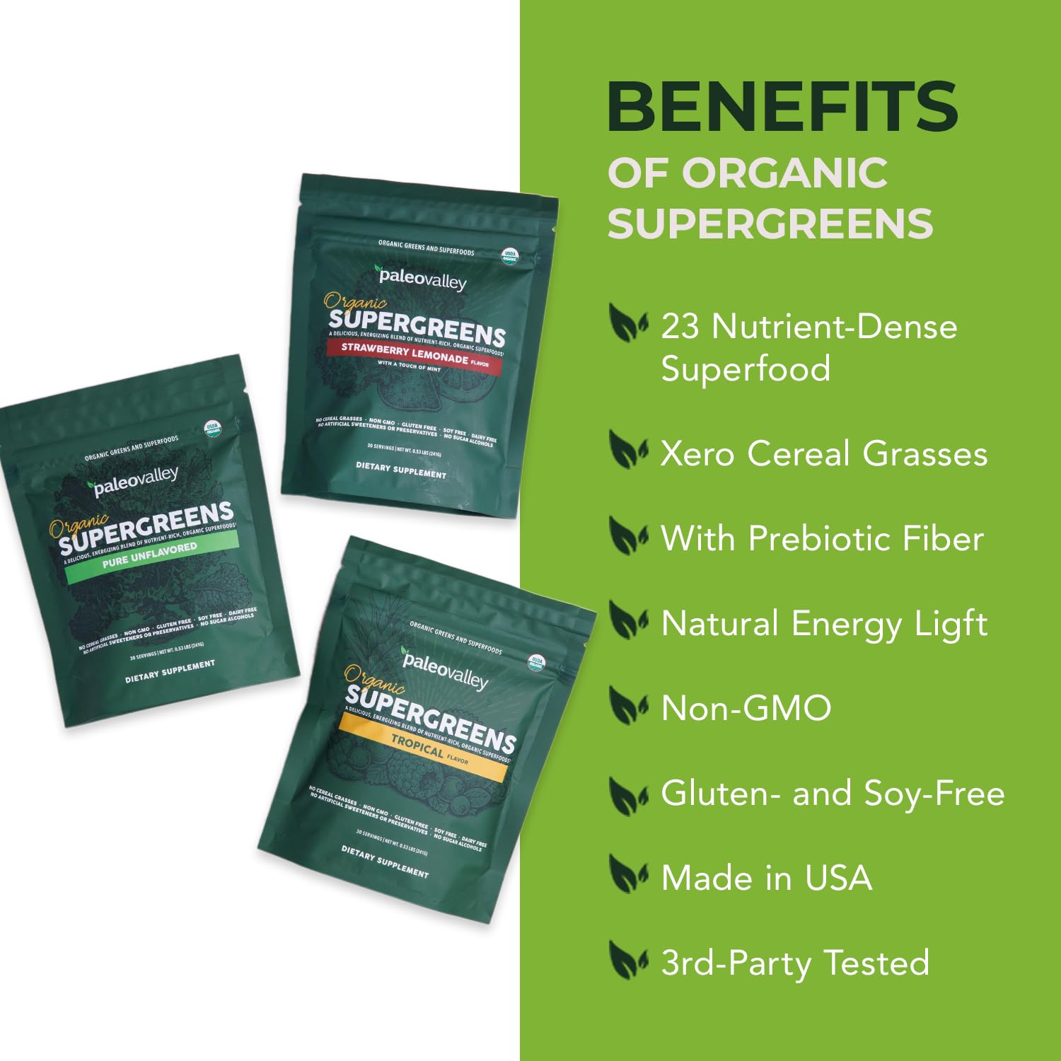 Paleovalley Organic Supergreens Powder - 23 Superfoods with Prebiotic Fiber for Energy and Immunity Support - No Cereal Grasses for Maximum Absorption - Pure Unflavored, 30 Servings Paleovalley Au supplements