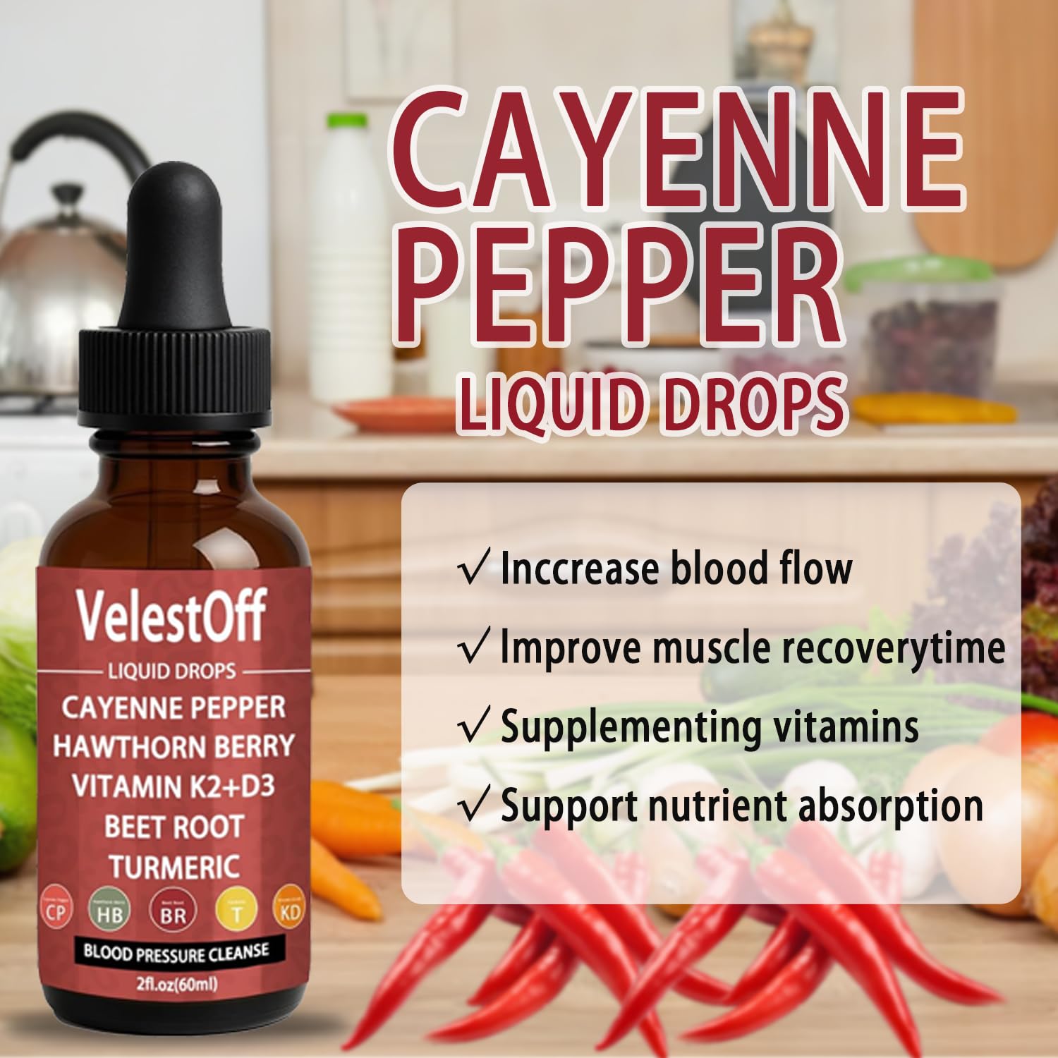 Velestoff Cayenne Pepper & Cayenne Pepper Drops Liquid Supplement with Hawthorn, Beet Root, Turmeric, Vitamin K2 D3 Nutralis Au supplements