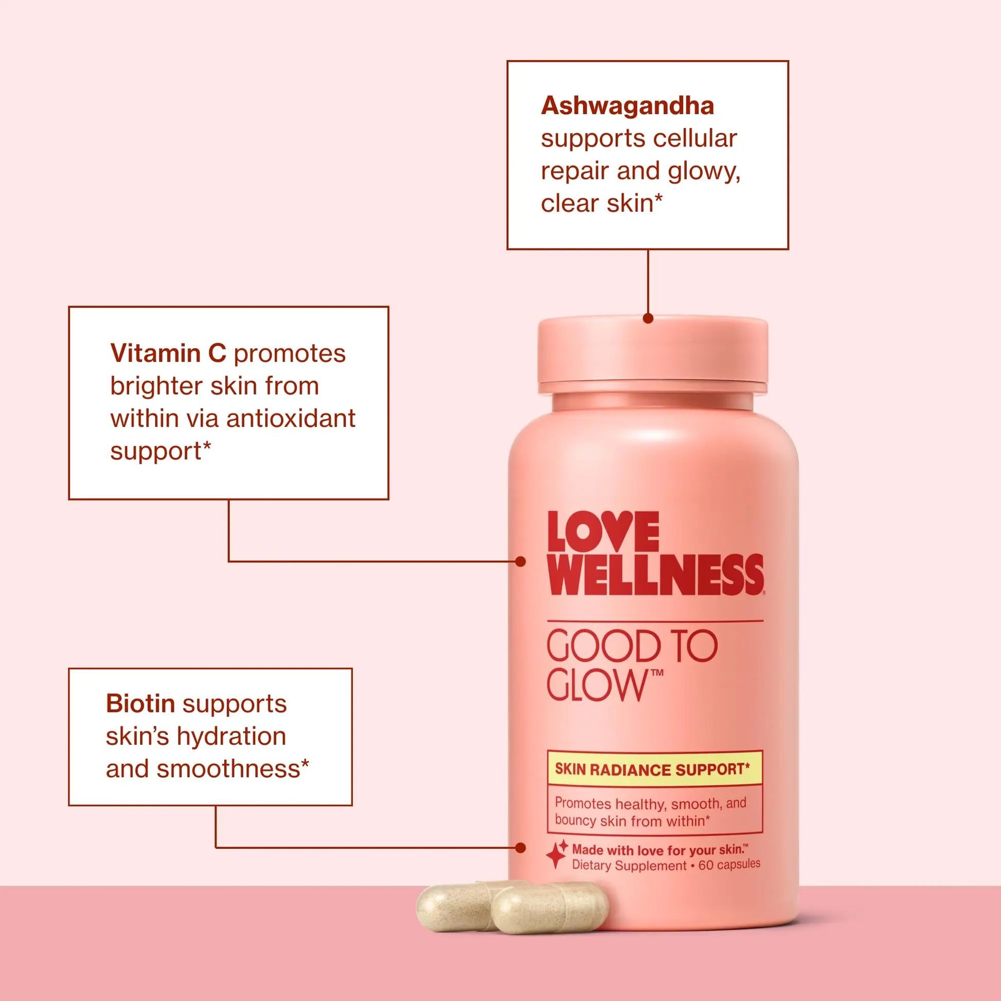 Love Wellness Good to Glow | Collagen Supplement with Biotin, Vitamin C, E, Ashwagandha & Zinc | Promotes Smooth, Glowing & Clear Skin | Enhances Smoothness & Promotes Healthy Skin | 60 Count Love Wellness Au supplements