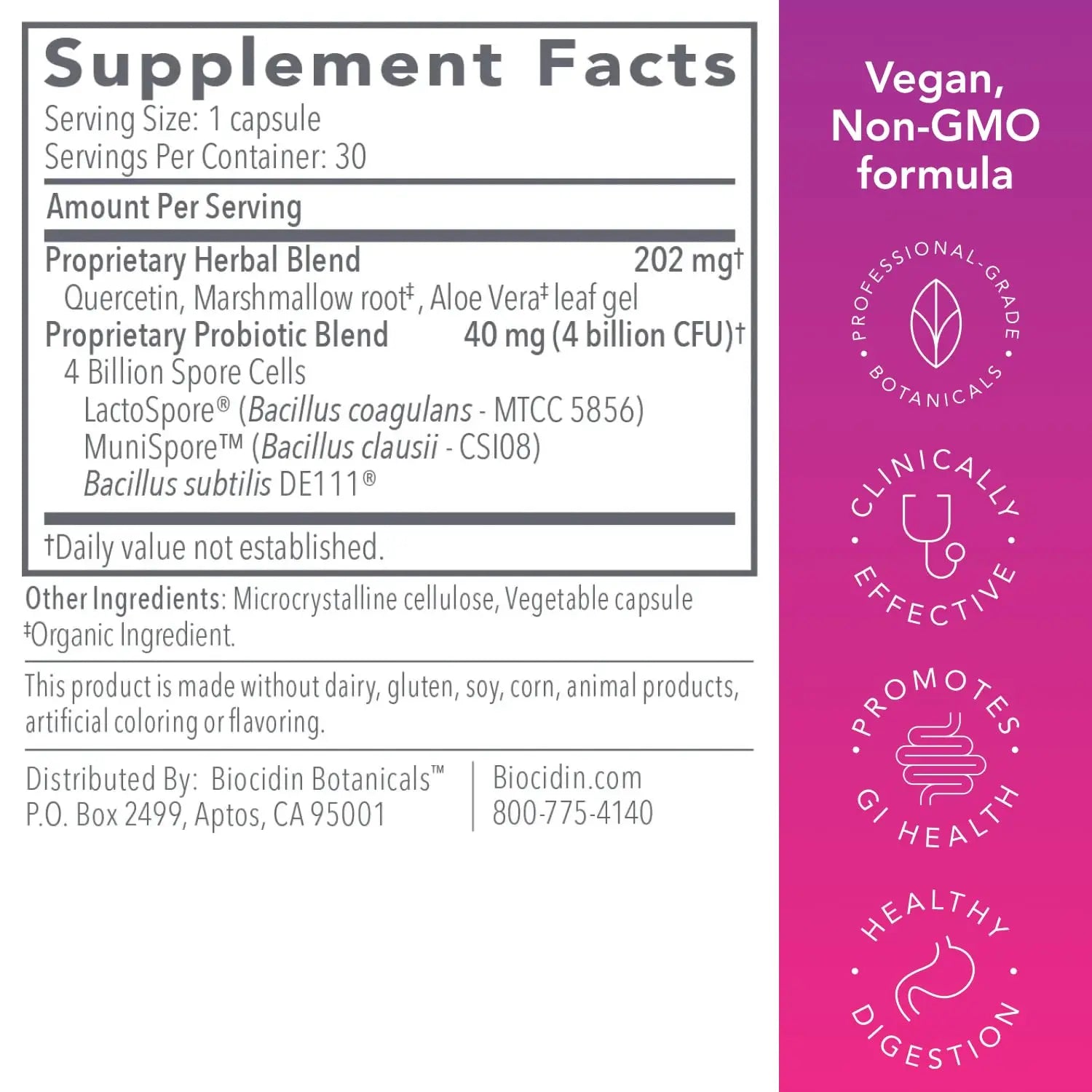 Biocidin Proflora 4R Spore Probiotic - Digestive Health Probiotics for Women & Men - Clinically Researched Bacillus Strains & Organic Aloe, Marshmallow Root for Gut Support (30 Vegan Capsules) Bio-Botanical Research Au supplements