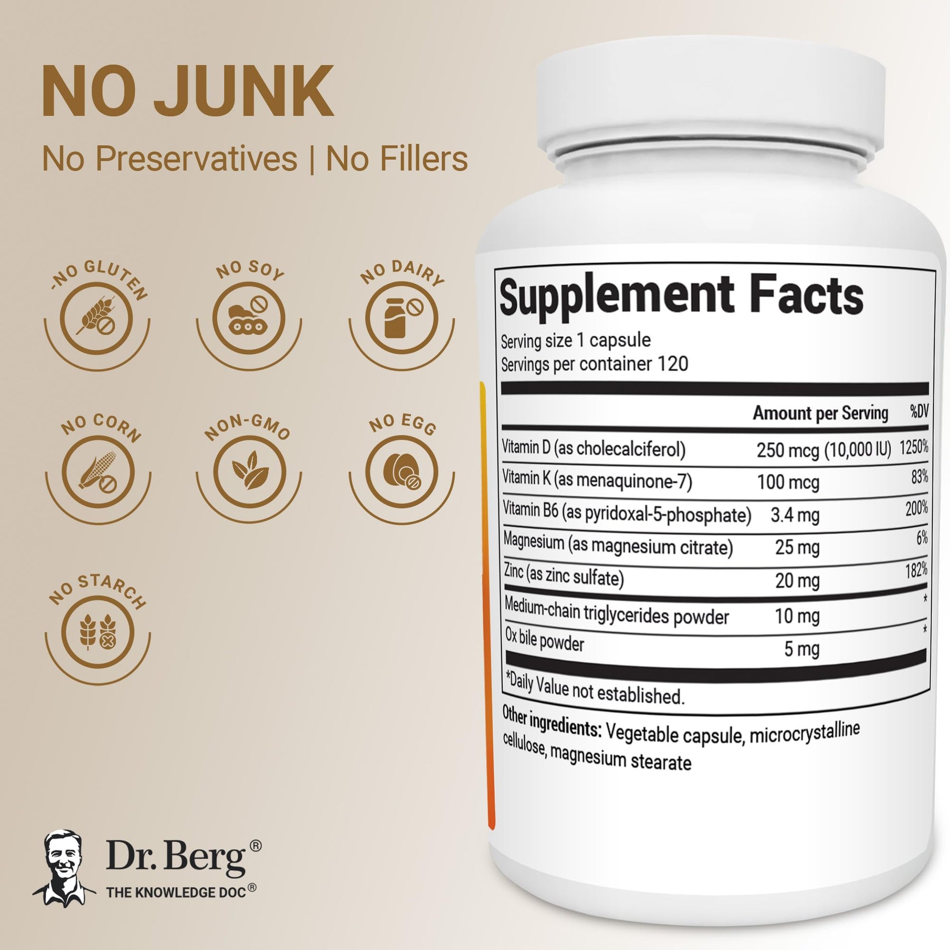 Dr. Berg Vitamin D3 & K2 10,000 IU + MK-7 – 120 Capsules – Immune, Bone & Heart Support* Supplement w/Magnesium, Zinc, B6 – 4X Lab-Tested – No Fillers – Non-GMO, cGMP, Formulated in USA Dr. Berg Nutritionals Au supplements