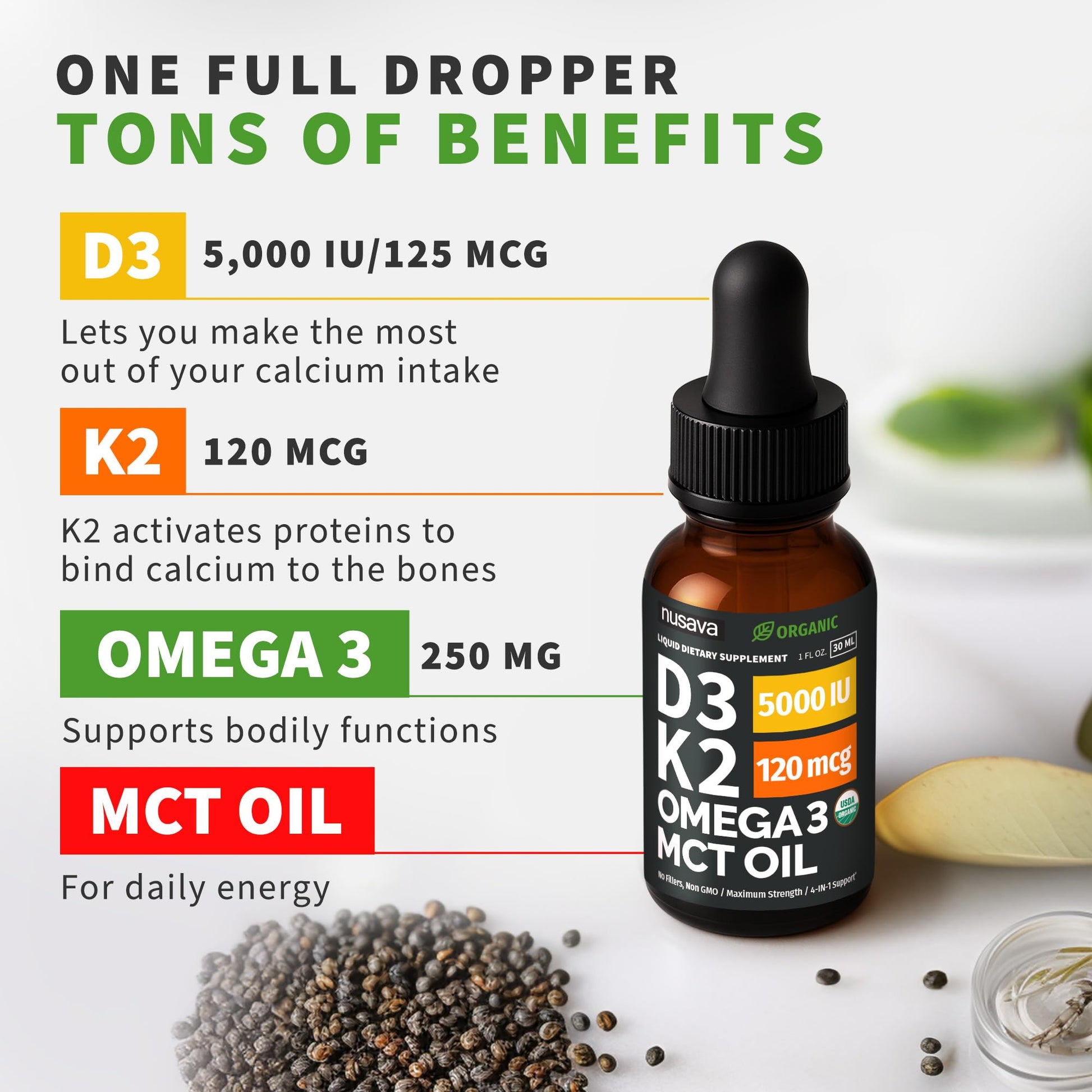 (2 Pack) Organic Vitamin D3 K2 Drops with MCT Oil Omega 3, 5000 IU, Maximum Strength Vitamin D Liquid, No Fillers, Non-GMO Liquid D3 for Faster Absorption and Immune Support (Unflavored, 2 Fl Oz) NUSAVA Au supplements