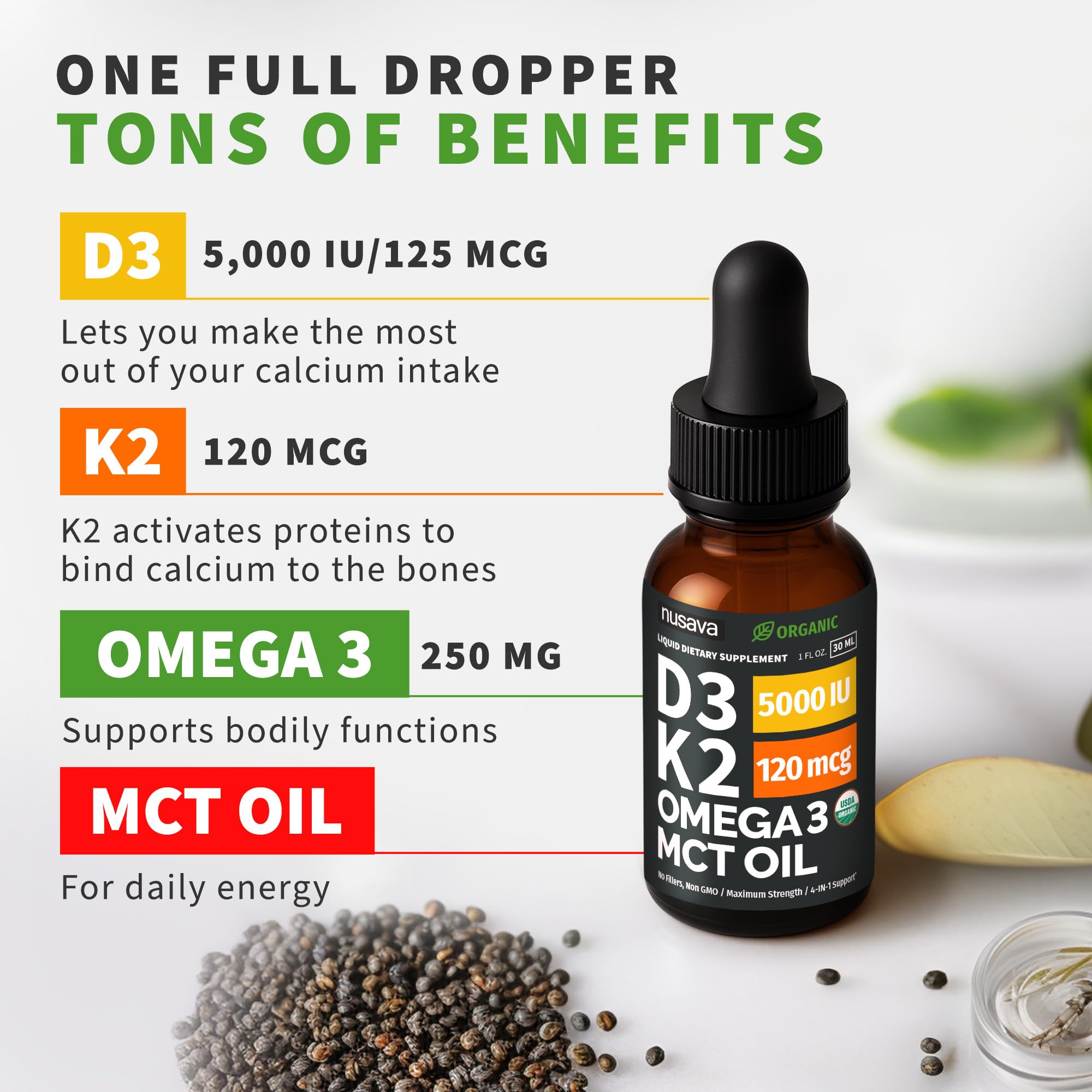 (2 Pack) Organic Vitamin D3 K2 Drops with MCT Oil Omega 3, 5000 IU, Maximum Strength Vitamin D Liquid, No Fillers, Non-GMO Liquid D3 for Faster Absorption and Immune Support (Unflavored, 2 Fl Oz) NUSAVA Au supplements