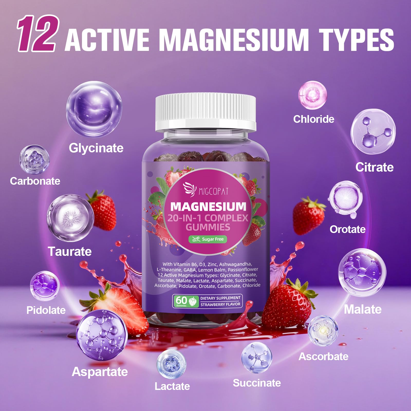 Migcopat Magnesium Complex Gummies, 20 in 1 Magnesium Gummy with Glycinate Citrate Malate Taurate - Ashwagandha, L-Theanine, D3&Zinc for Relaxation, Sleep, Muscle&Heart Support, Strawberry, 60 Cts Migcopat Au supplements