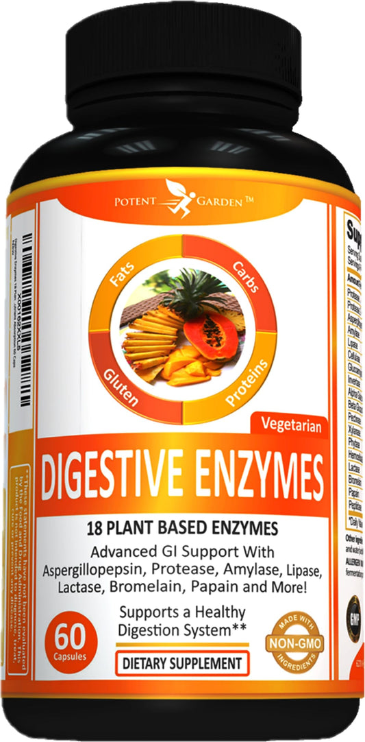 Potent Garden Digestive Enzymes -18 Plant Based Enzymes with amylase lipase bromelain Protease lactase & Other Enzymes - One Pre Meal Pill Supports Healthy Potent GardenUS supplements