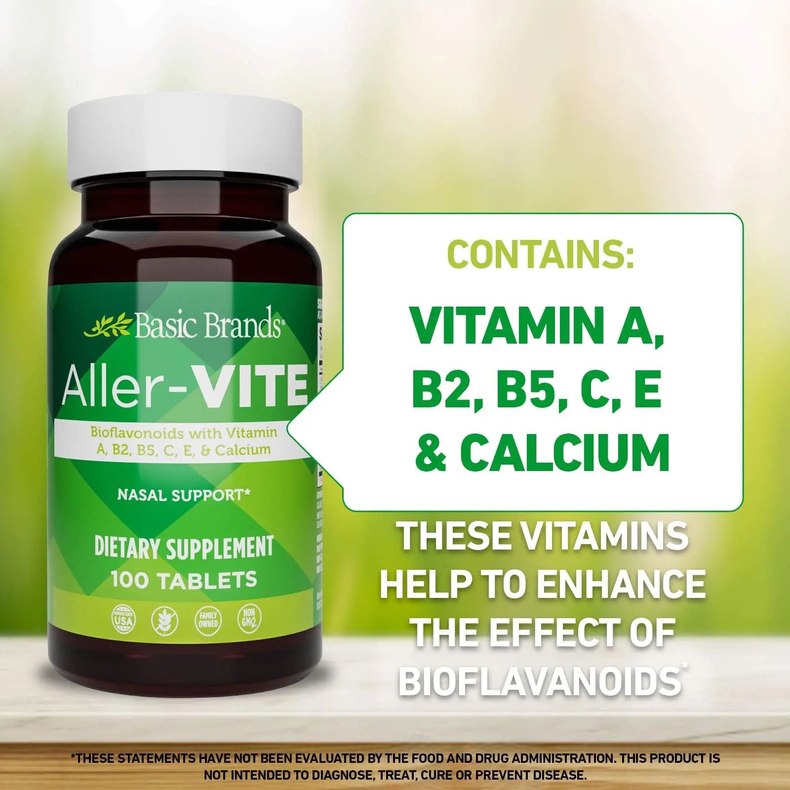 Basic Brands Aller Vite Nasal Support Tablets for Seasonal Allergy Relief, High Bioflavonoid Complex with Vitamins and Calcium, Gluten Free Daily Supplement, 100 Tablets Basic Brands Au supplements