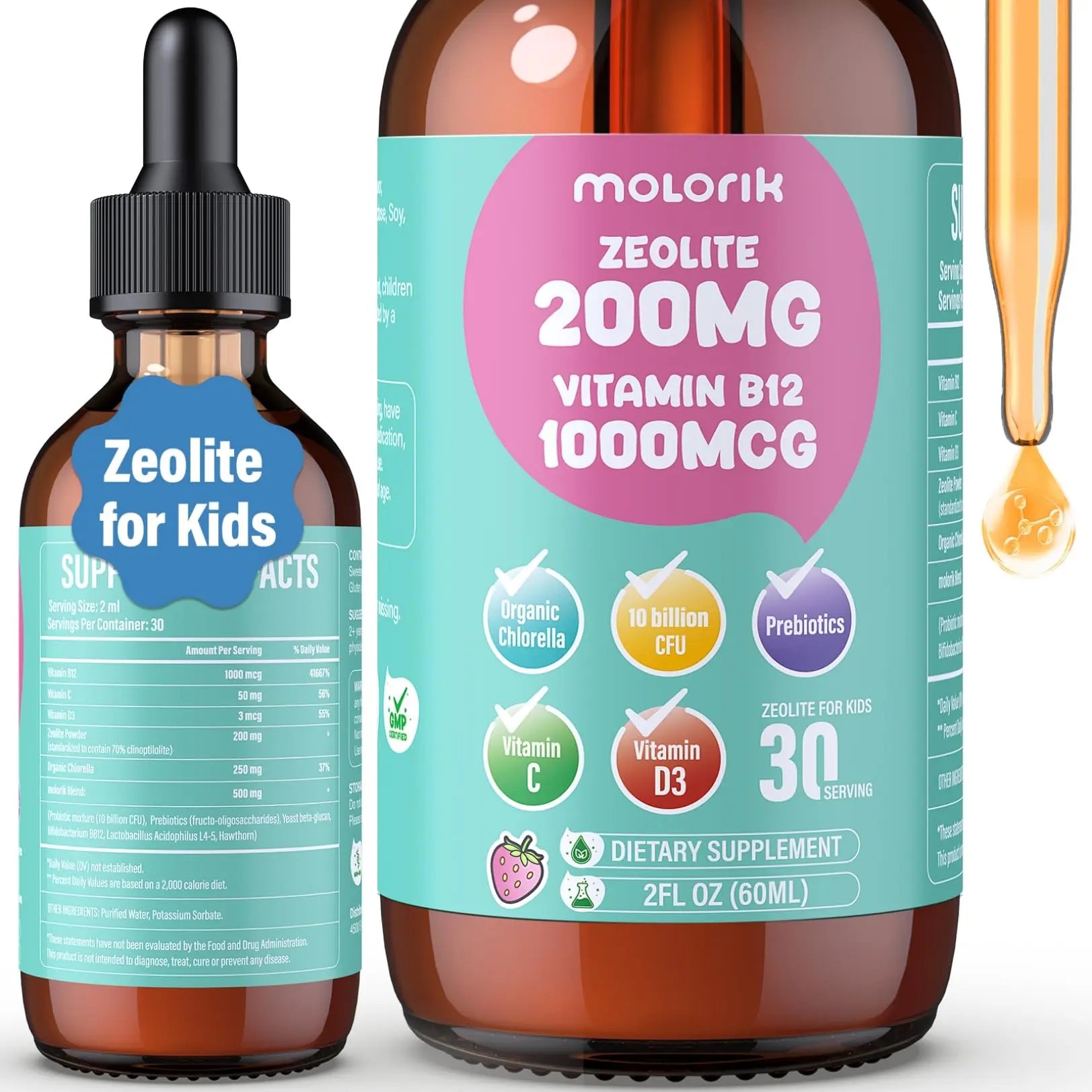 Zeolite Detox for Kids and Adults, 200mg Zeolite Liquid Drops with 1000mcg Vitamin B12, Organic Chlorella, 10 billion CFU & Prebiotics for Gut Support & Speech, Immune, Bone, Energy*, Strawberry, 60ML molorik pure Au supplements