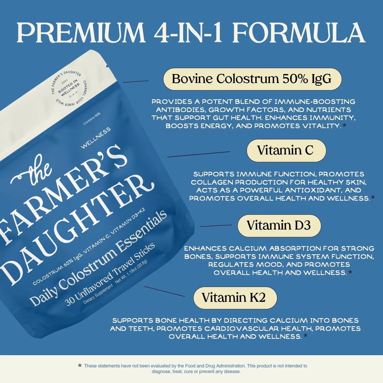 THE FARMER'S DAUGHTER Colostrum Powder | Unflavored | Gut Health & Bloating | Hair, Skin & Nails | Immunity Supplement | 30 Individual Travel Stick Packs THE FARMER'S DAUGHTER Au supplements