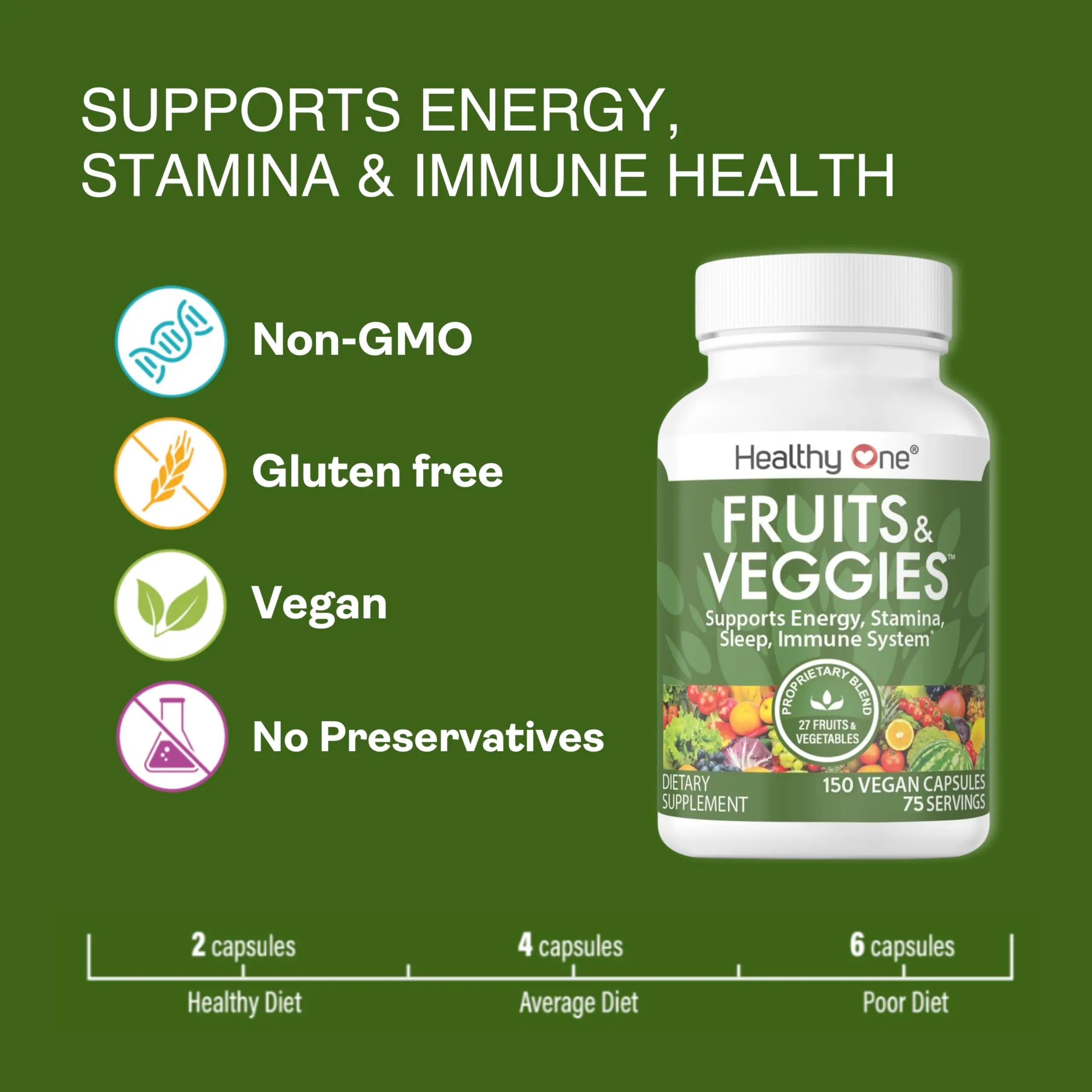 Fruits & Veggies Formula - 27 Premium Whole Foods - Organic Ingredients - Equals 3 Servings of Fruits & Vegetables - Improve Energy, Focus & Immune Function - Fiber - Antioxidants - 120ct (60 Serv) Healthy One Au supplements