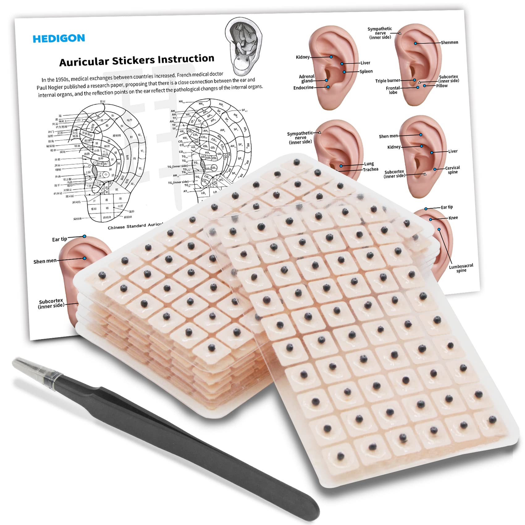 Ear Seeds Auricular Sticker kit,Acupuncture Kit Acupressure with Ears Seed 420 Pcs, Ear Chart, Tweezer Hedigon Au supplements