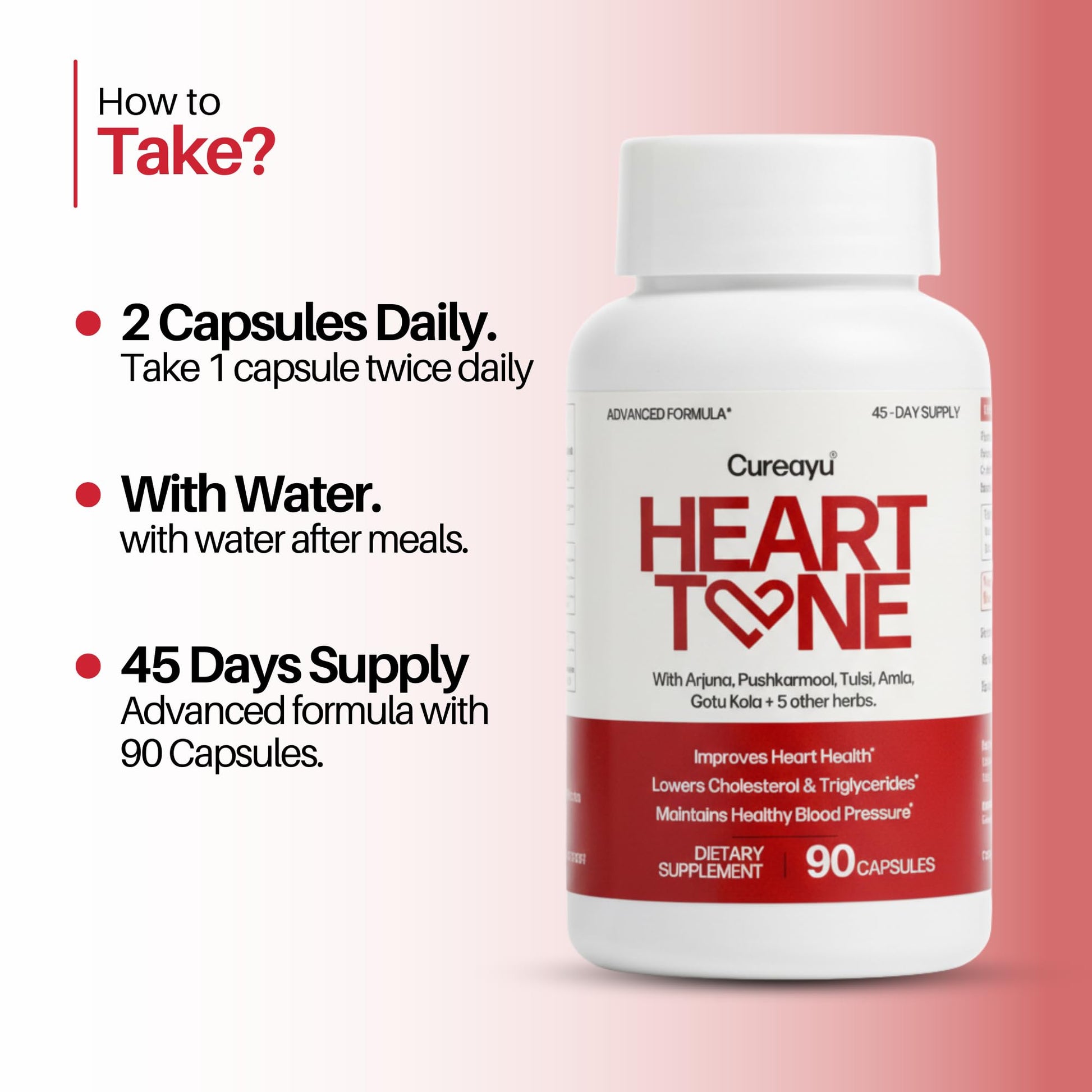 Cureayu Heart Tone Capsules | Natural Heart Health Supplement | Supports Healthy Cholesterol & Triglycerides Levels | with Arjuna, Pushkarmool + 8 Other Herbs | 90 Capsules Cureayu Au supplements